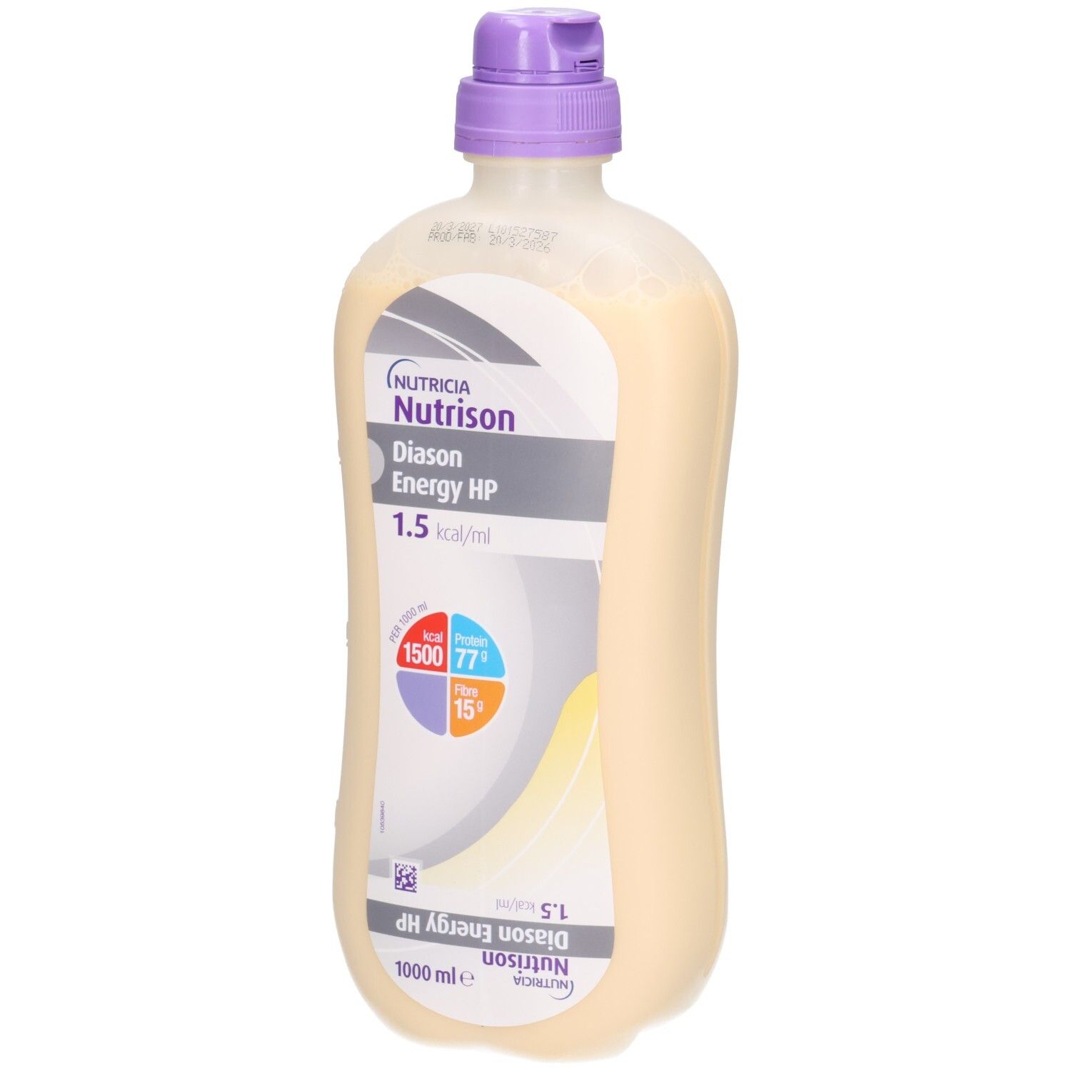 Bouteille Nutrison Diason Energy HP pour sonde, 1000 ml, avec bouchon violet et informations nutritionnelles.
