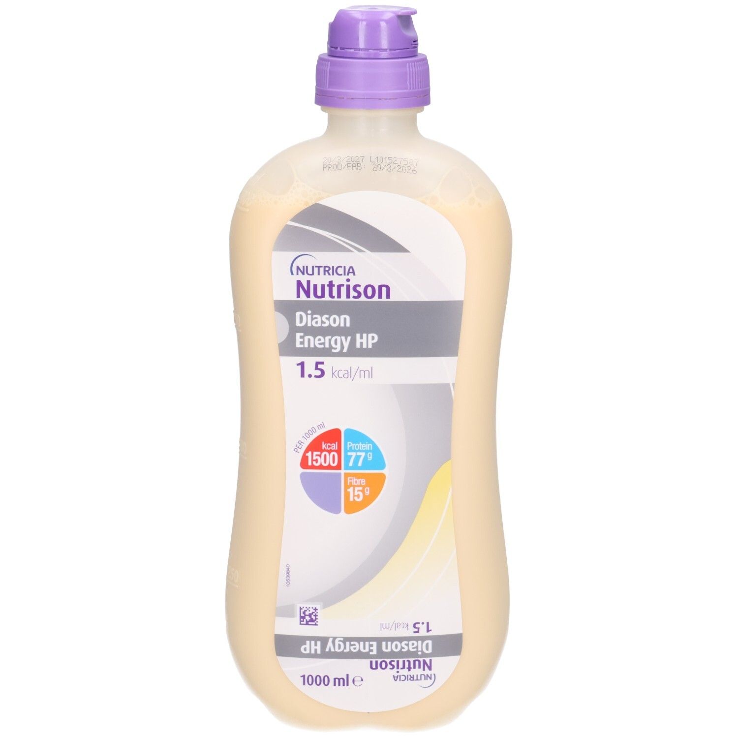 Bouteille Nutrison Diason Energy HP pour sonde, 1000 ml, avec bouchon violet.