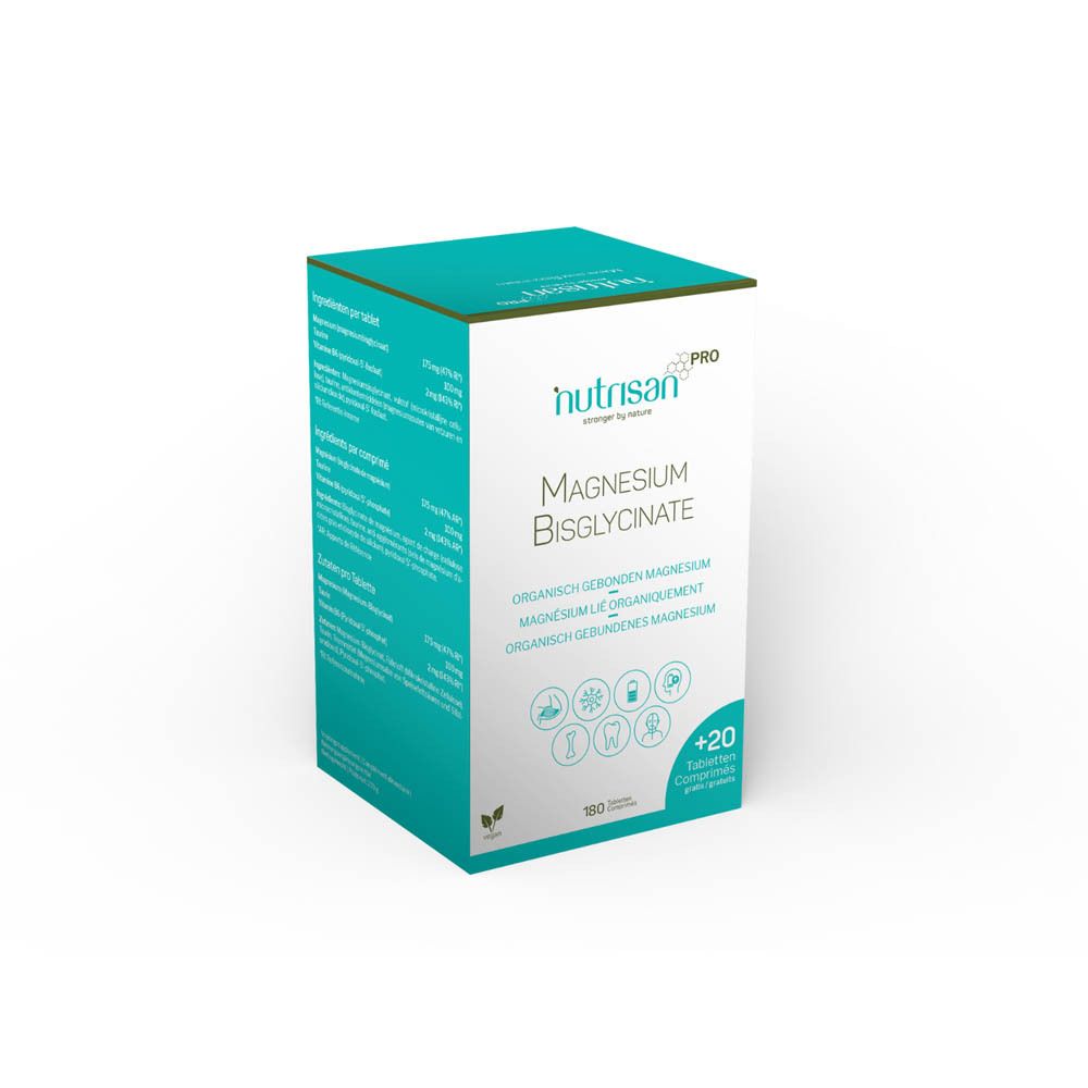 Emballage du produit. Inscription : Nutrisan Magnesium Bisglycinate, 180+20 comprimés. Vert et blanc.