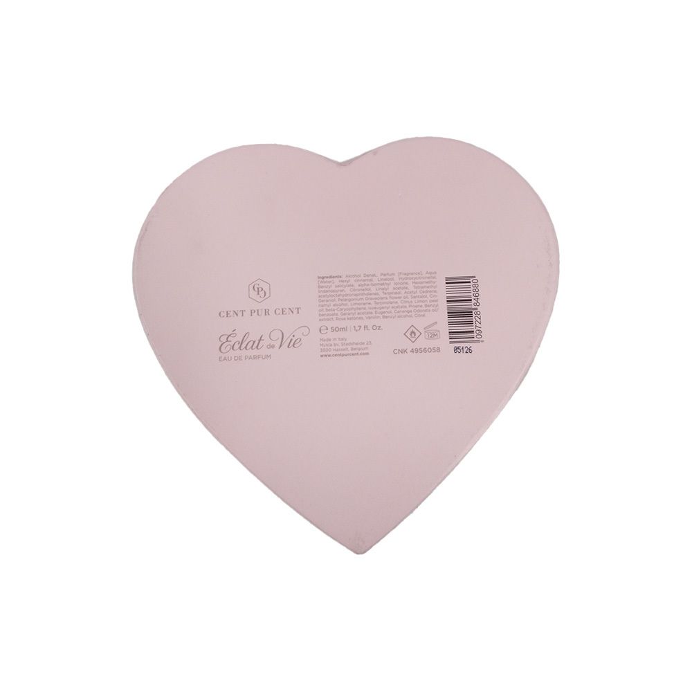 Dos d'une boîte rose en forme de cœur. Texte et code-barres. Marque : Cent Pur Cent, Éclat Vie.