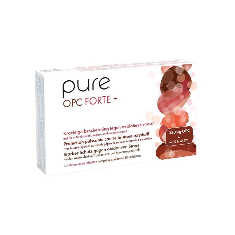Boîte Pure OPC Forte+ de 60 comprimés pelliculés. Contient 380mg OPC, Vitamine C & K2.