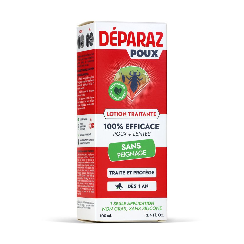 Boîte de Déparaz Lotion, 100ml, avec illustration d'un pou.