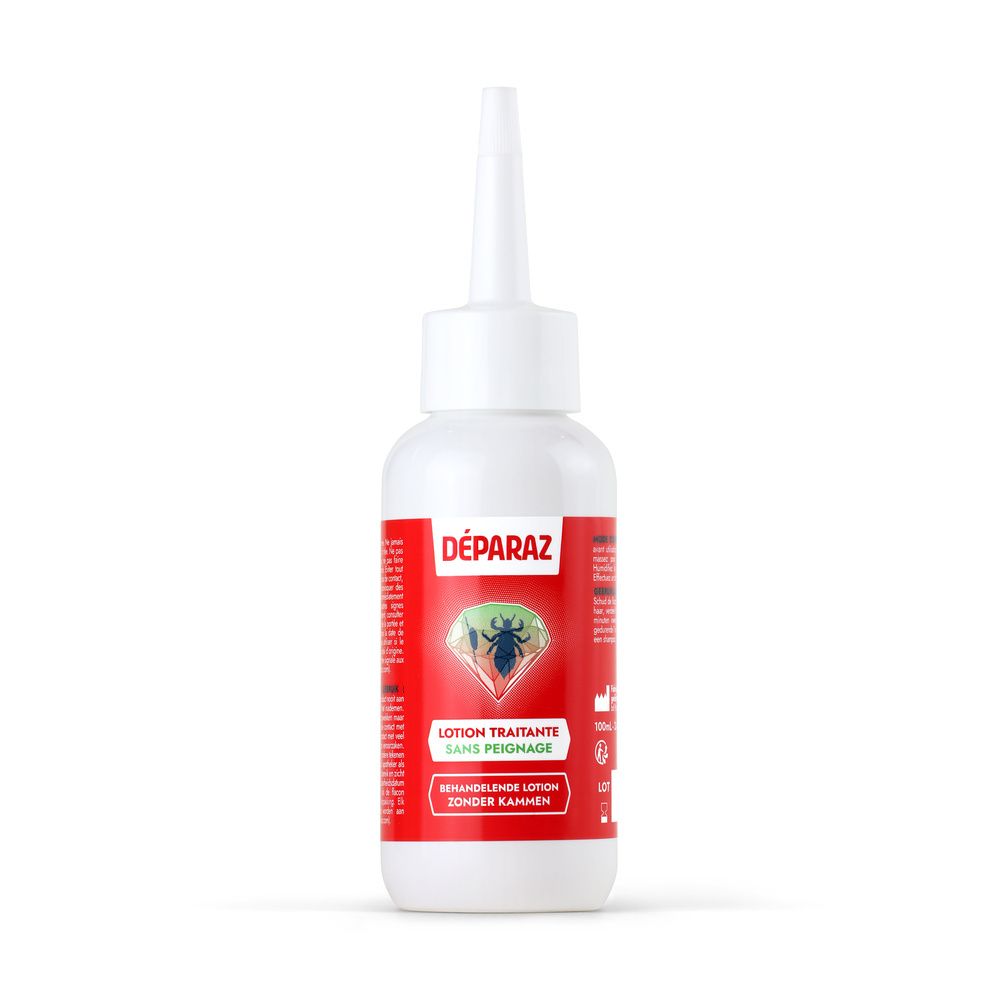 Bouteille de Déparaz Lotion, 100ml, avec étiquette rouge et illustration d'un pou.