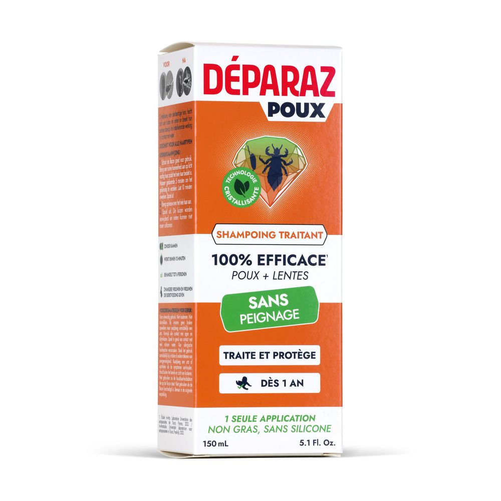 Boîte de Deparaz Poux, un shampooing traitant efficace contre les poux et les lentes, sans peignage.