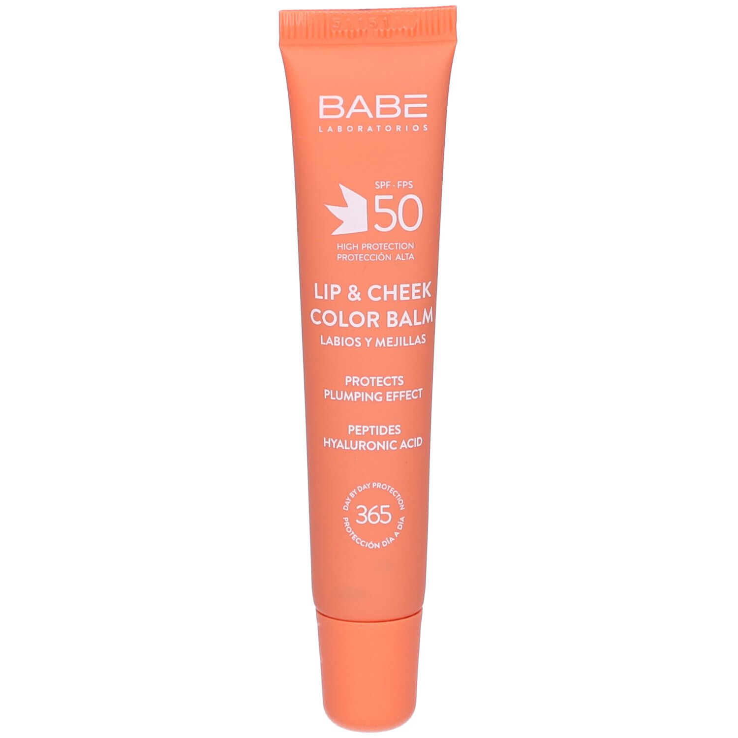 Tube de baume teinté lèvres et joues SPF 50. Produit orange avec texte blanc. Contient peptides et acide hyaluronique.
