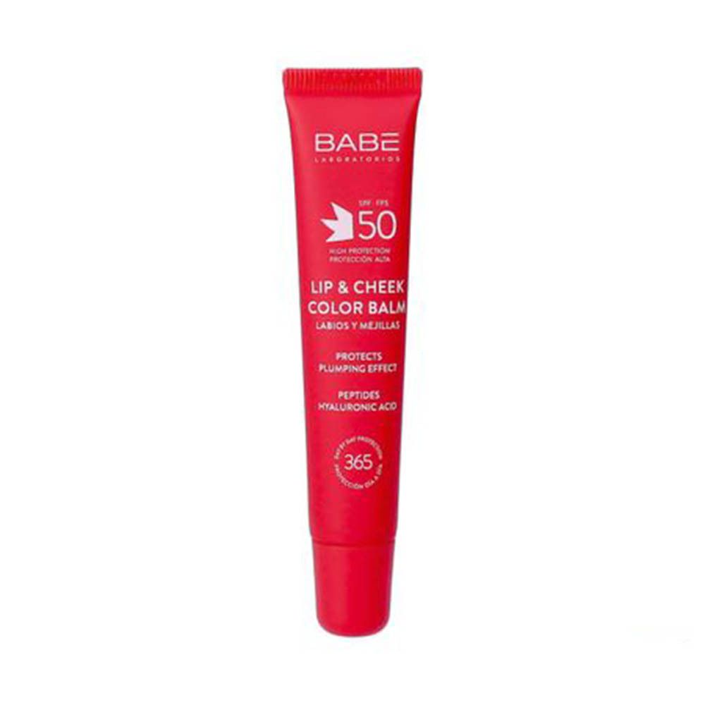 Tube rouge Babe Lip&cheek Color Balm. Texte: SPF 50, Lip & Cheek Color Balm, peptides, acide hyaluronique.