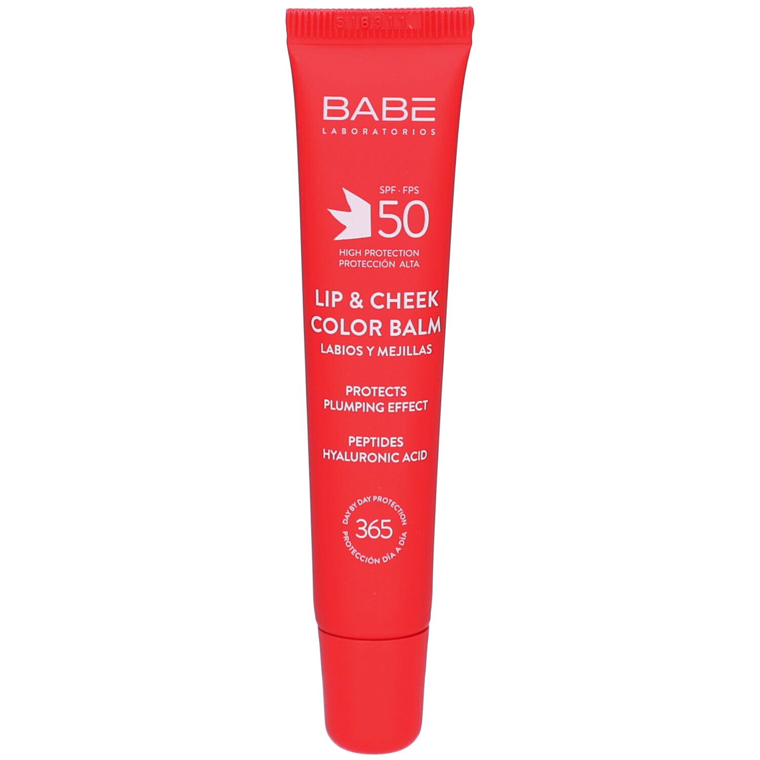 Tube rouge Babe Lip&cheek Color Balm. Texte: SPF 50, Lip & Cheek Color Balm, peptides, acide hyaluronique.