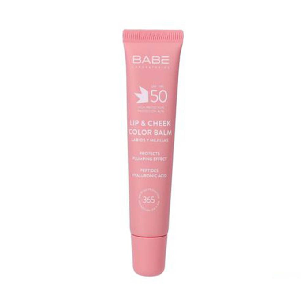 Tube rose 'SPF 50' et 'Lip & Cheek Color Balm'. Contient peptides et acide hyaluronique. Marque: Babe.