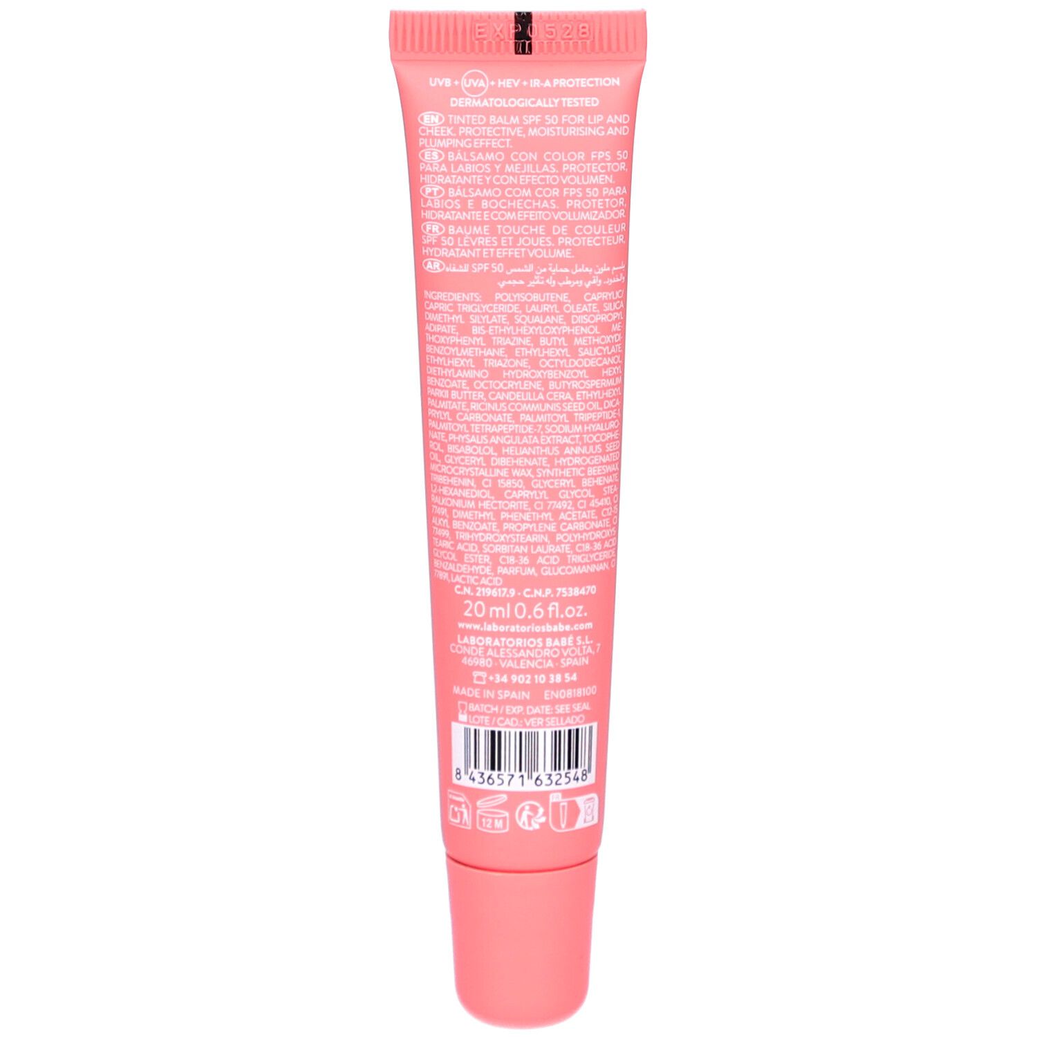 Dos d'un tube rose. Contient du texte multilingue, dont '20 ml' et un code-barres. Marque: Babe.