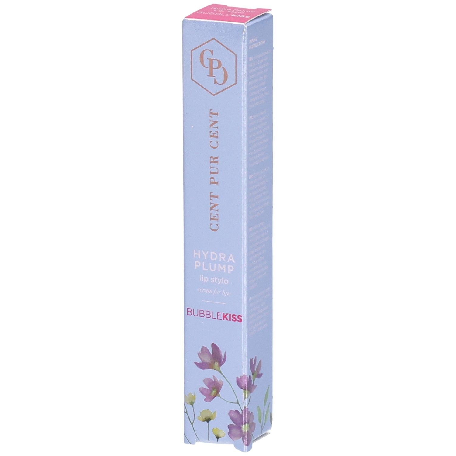 Emballage de rouge à lèvres Cent Pur Cent Hydra Plump avec motif floral et nom du produit.