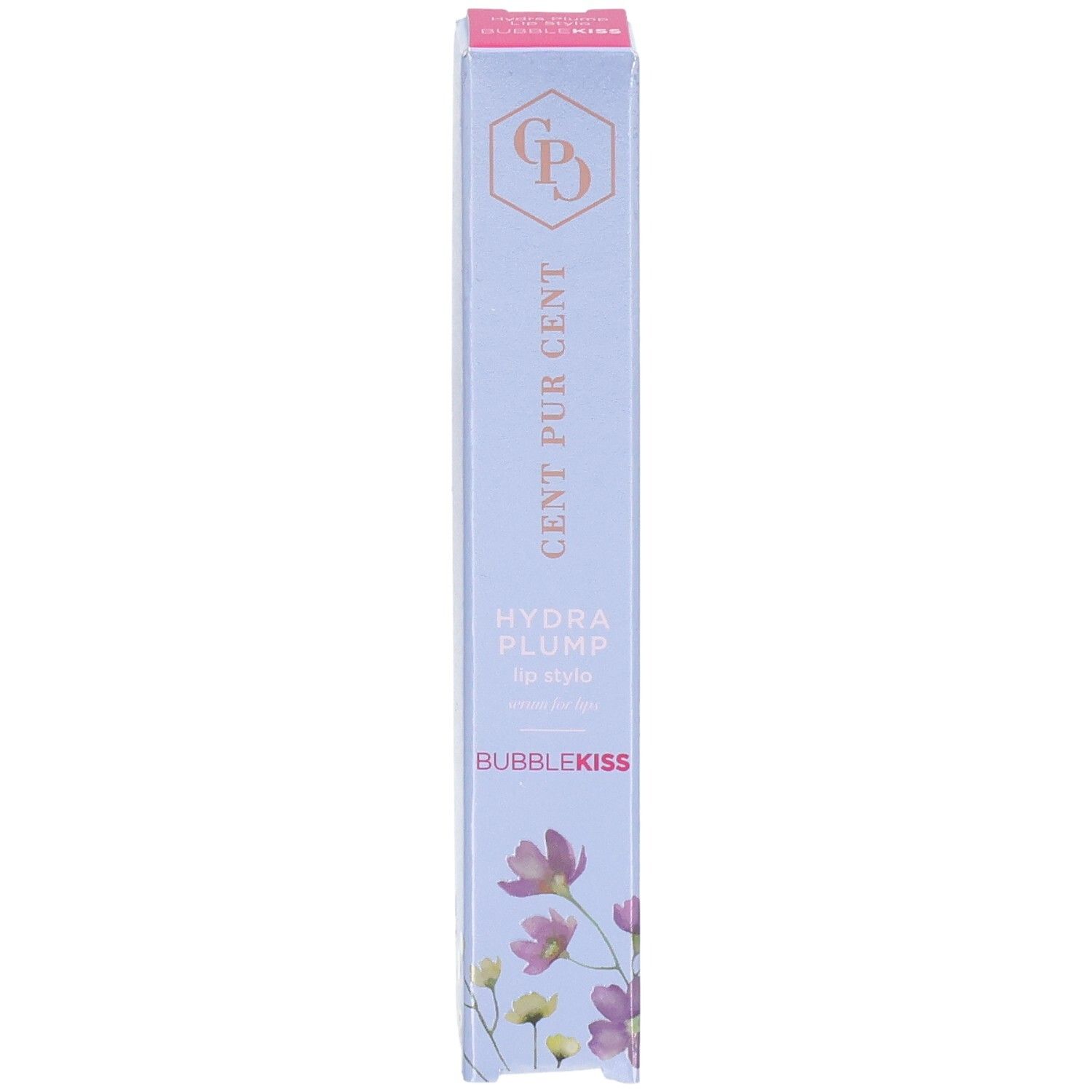 Emballage de rouge à lèvres Cent Pur Cent Hydra Plump avec motif floral et nom du produit.