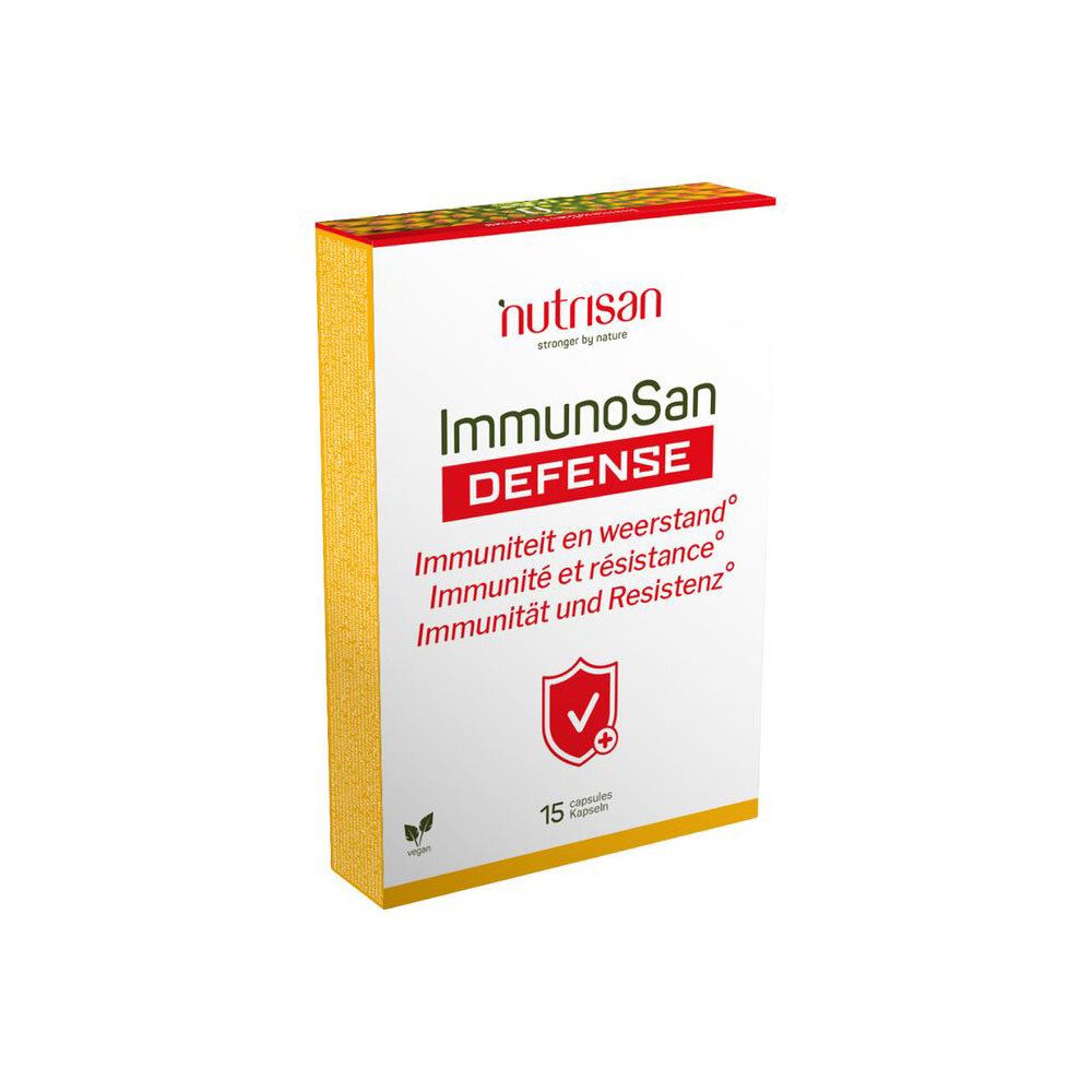 Boîte blanche Nutrisan ImmunoSan Defense en biais. 15 capsules.