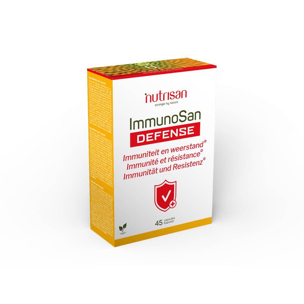 Boîte de Nutrisan ImmunoSan Defense. Contient 45 capsules. Inscription : Immunité et résistance.