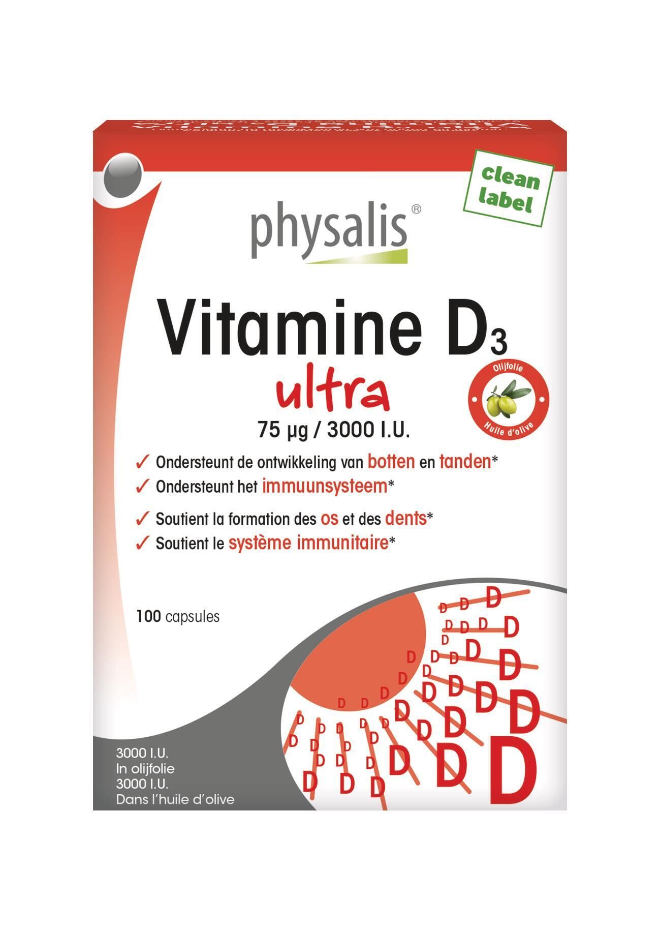Boîte rouge et blanche avec 'Physalis' et 'Vitamina D3 ultra'. Contient 100 gélules. Texte en néerlandais.
