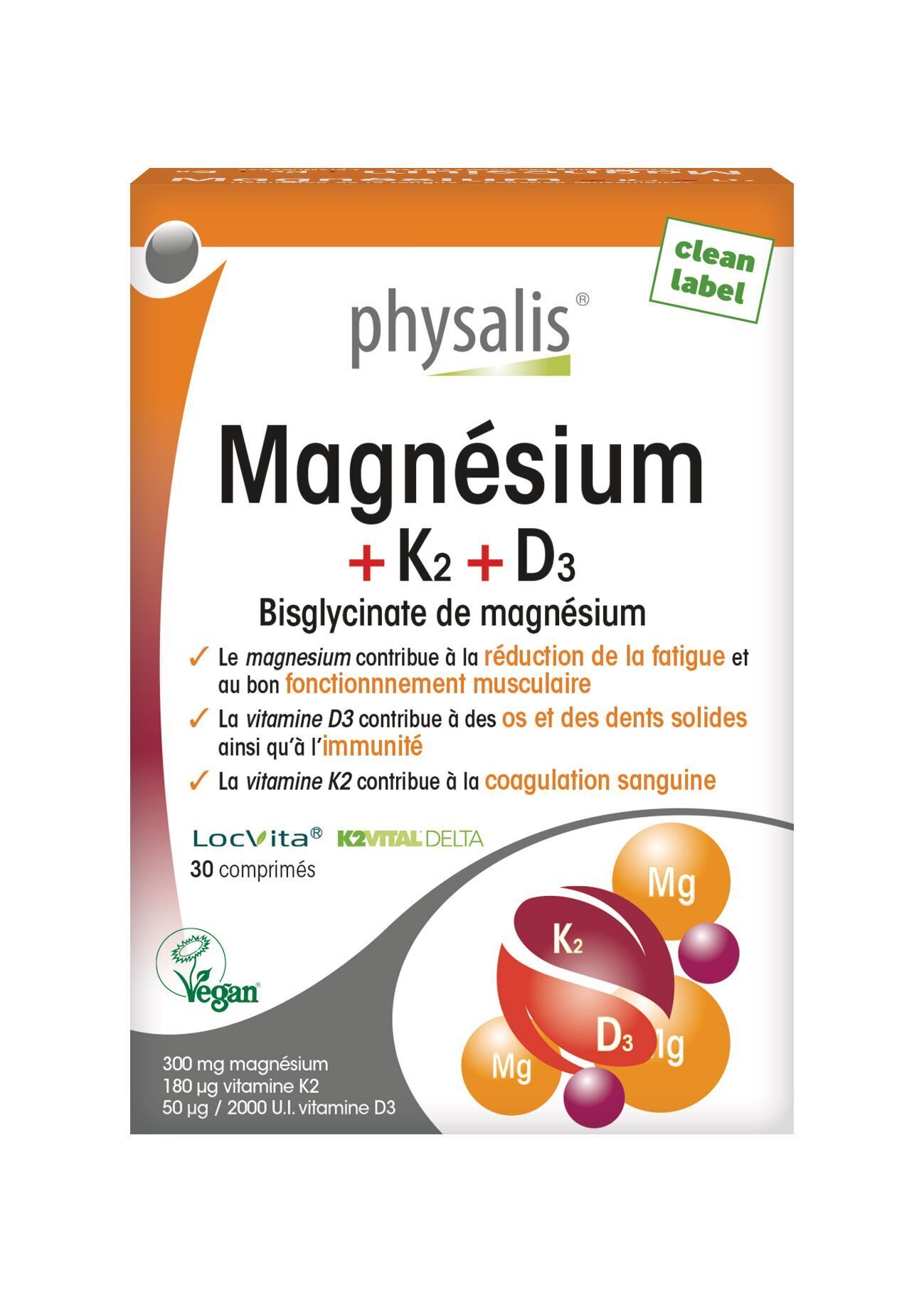 Boîte de Physalis Magnésium+K2+D3. Contient 30 comprimés. Magnésium, K2 et D3. Vegan.