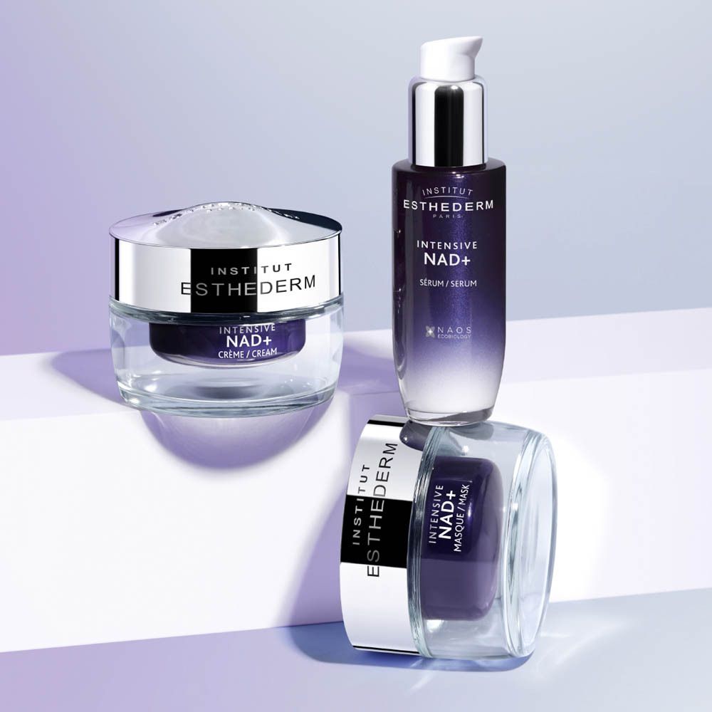 Emballage extérieur Institut Esthederm Intensive NAD+ Masque / Mask, face avant avec détails et sceaux.