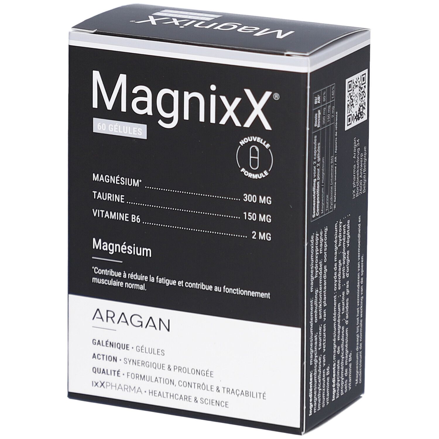 Boîte noire Magnixx avec texte blanc. Contient 60 gélules. Contient magnésium, taurine et vitamine B6. Marque: ARAGAN.