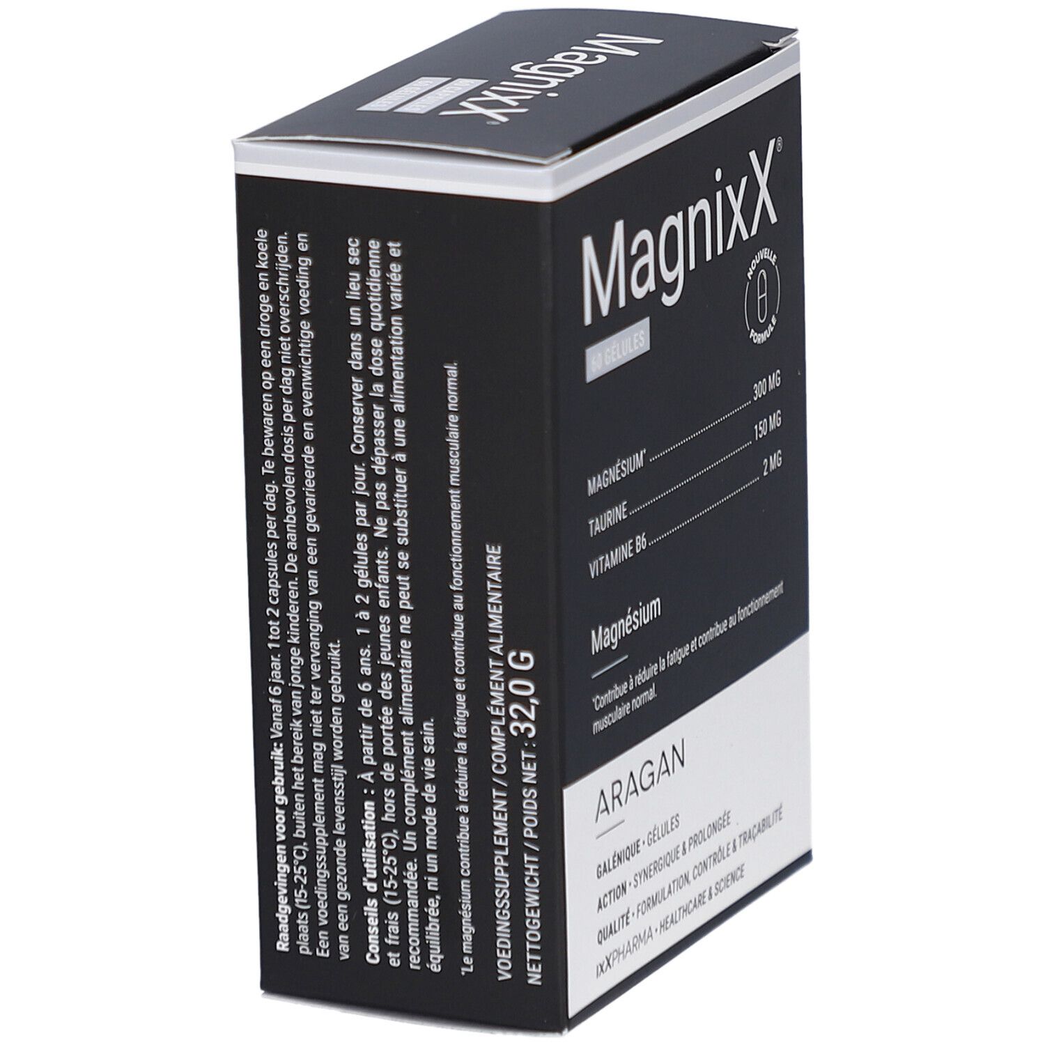 Boîte noire Magnixx en biais. Contient 60 gélules. Contient magnésium, taurine et vitamine B6. Marque: ARAGAN. Poids net: 32,0 g.