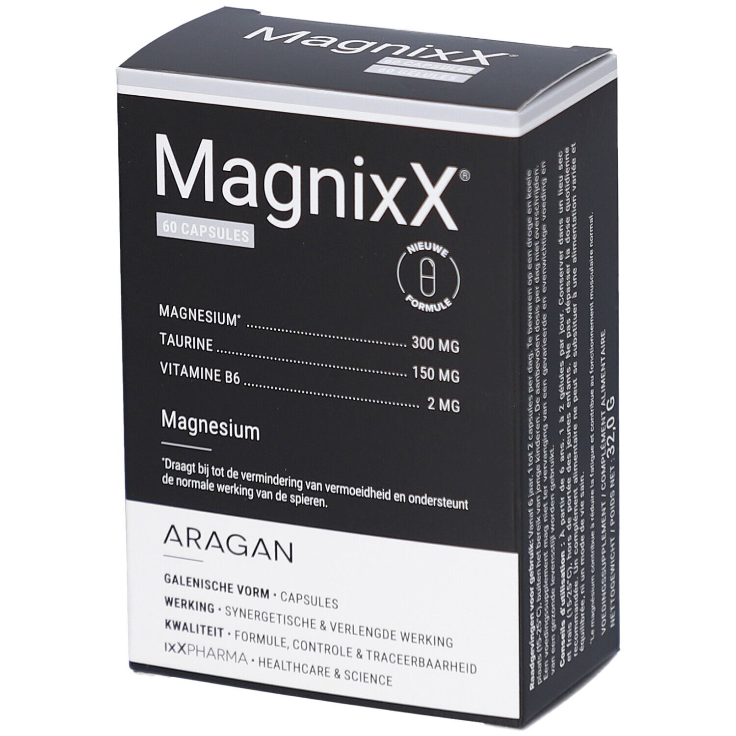 Boîte noire Magnixx avec texte blanc. Contient 60 gélules. Contient magnésium, taurine et vitamine B6. Marque: ARAGAN.