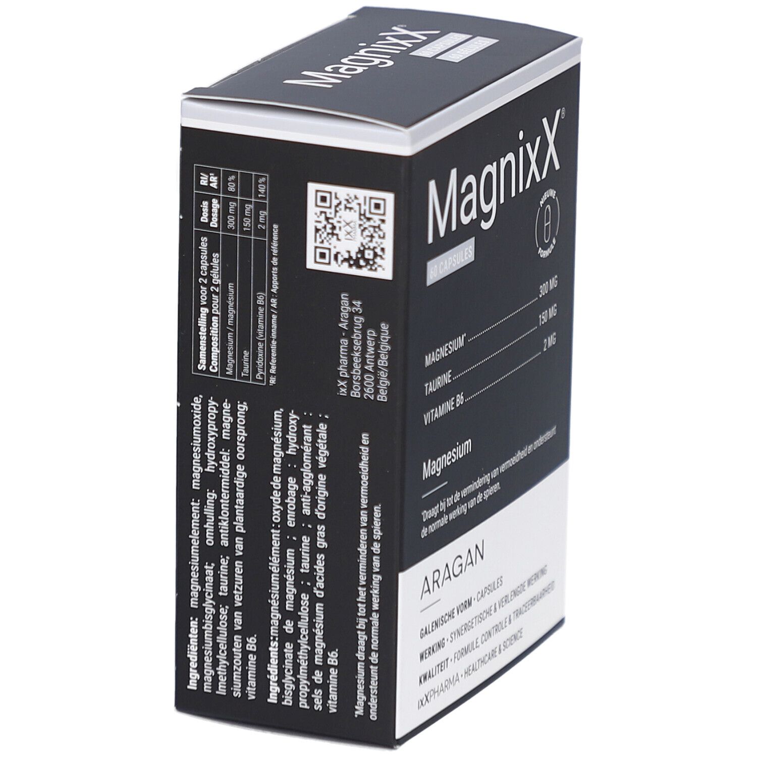 Boîte noire Magnixx en biais. Contient 60 gélules. Contient magnésium, taurine et vitamine B6. Marque: ARAGAN. Avec code QR.