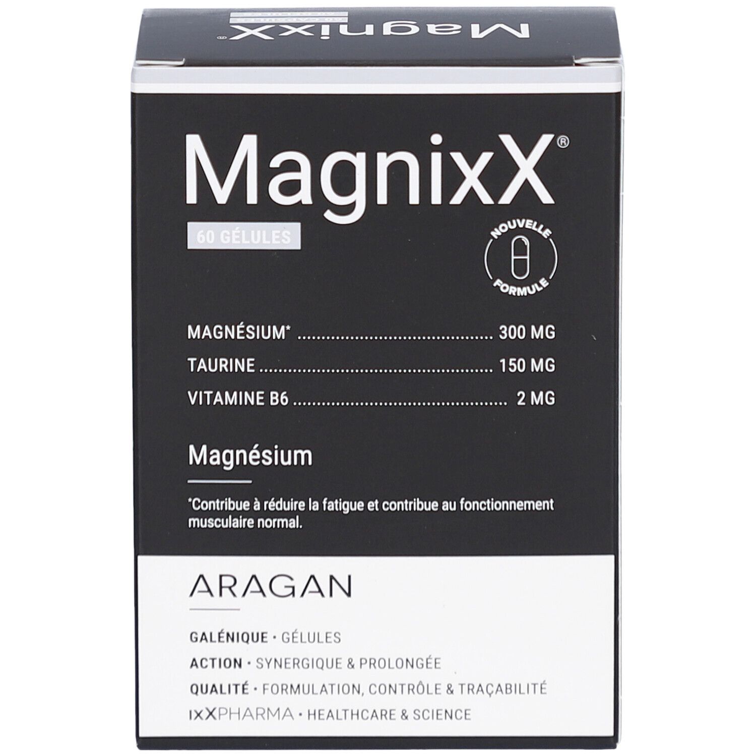 Boîte noire Magnixx avec texte blanc. Contient 60 gélules. Contient magnésium, taurine et vitamine B6. Marque: ARAGAN.