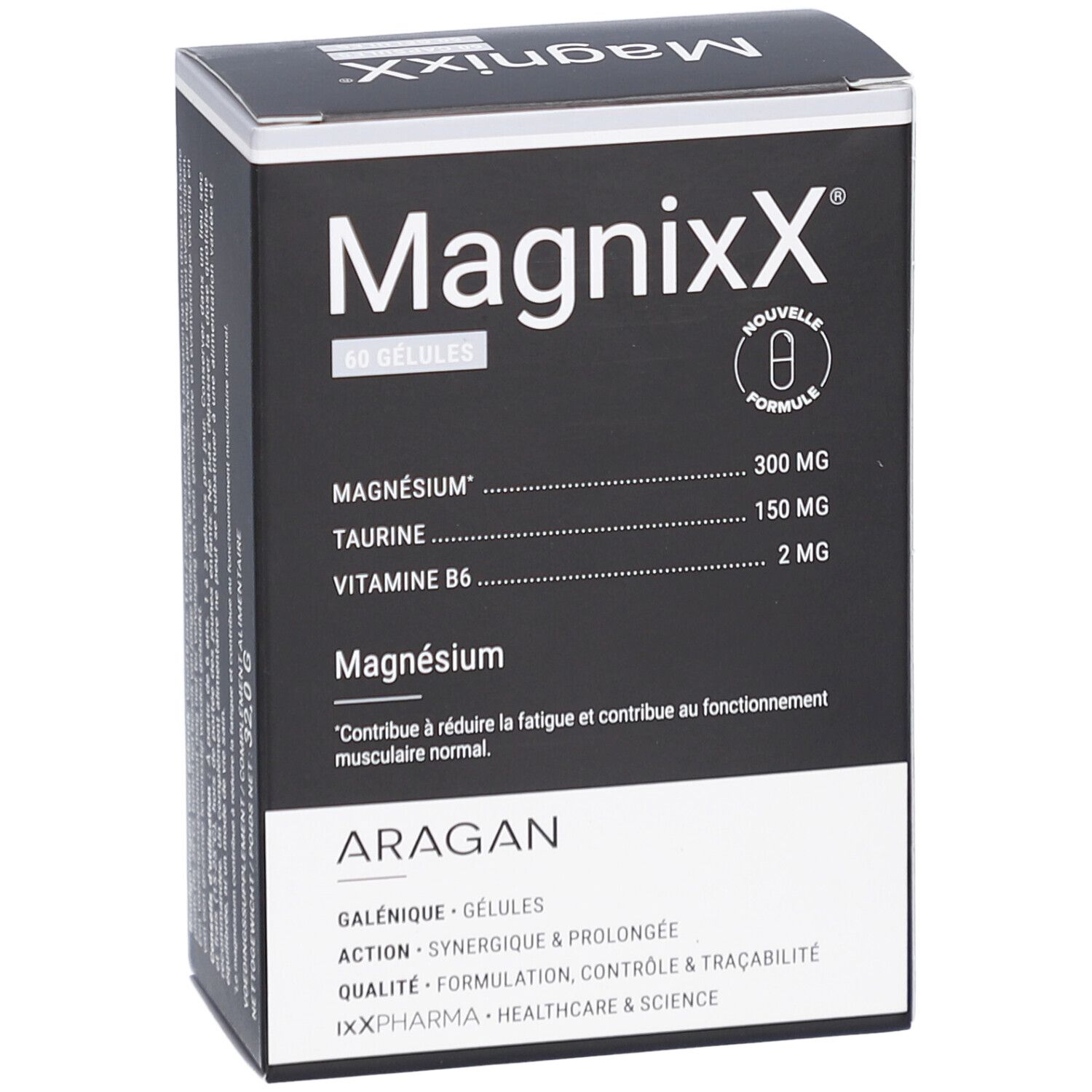 Boîte noire Magnixx avec texte blanc. Contient 60 gélules. Contient magnésium, taurine et vitamine B6. Marque: ARAGAN.