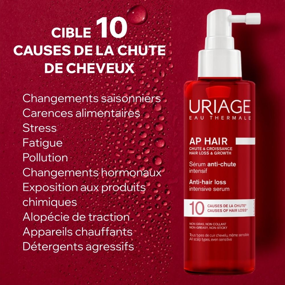 Flacon rouge avec pompe blanche, sérum Uriage AP Hair anti-chute.