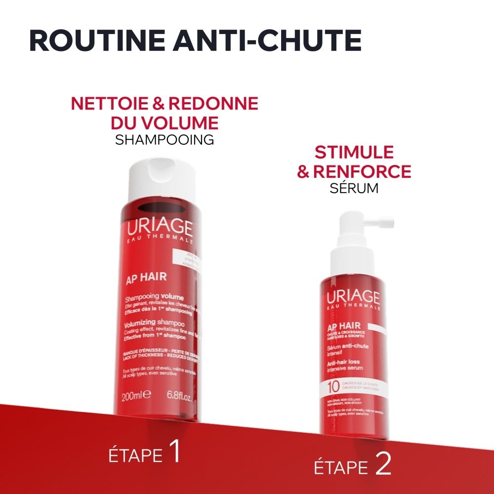 Deux flacons rouges Uriage AP Hair : Shampooing (200ml) et Sérum avec applicateur. Pour une routine anti-chute.