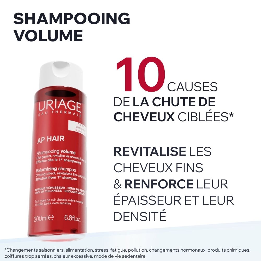 Arrière d'un flacon Uriage AP Hair Shampooing avec informations produit.