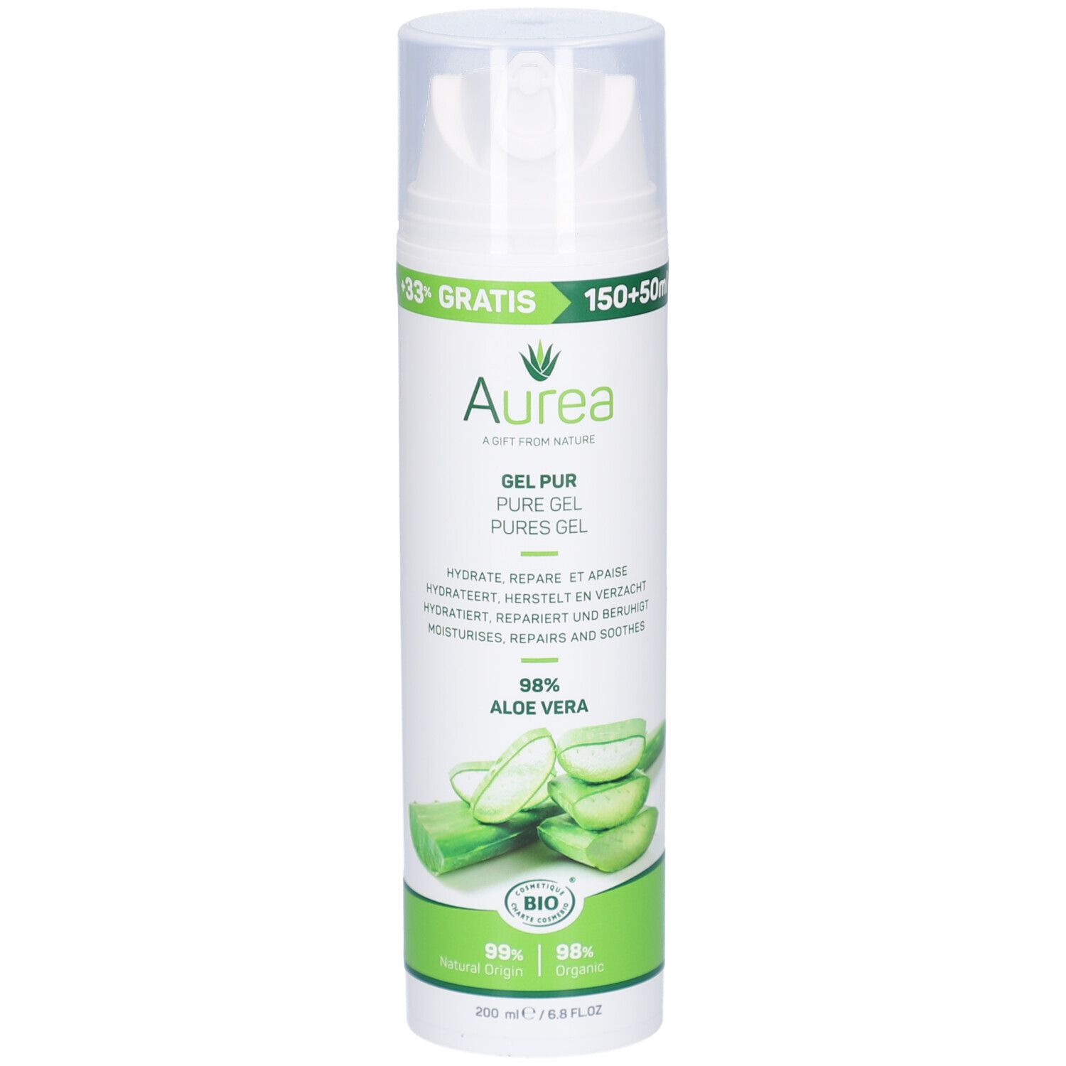 Flacon blanc Aurea Gel Pur Aloe Vera. Contient 98% Aloe Vera. Avec label bio. 200 ml.