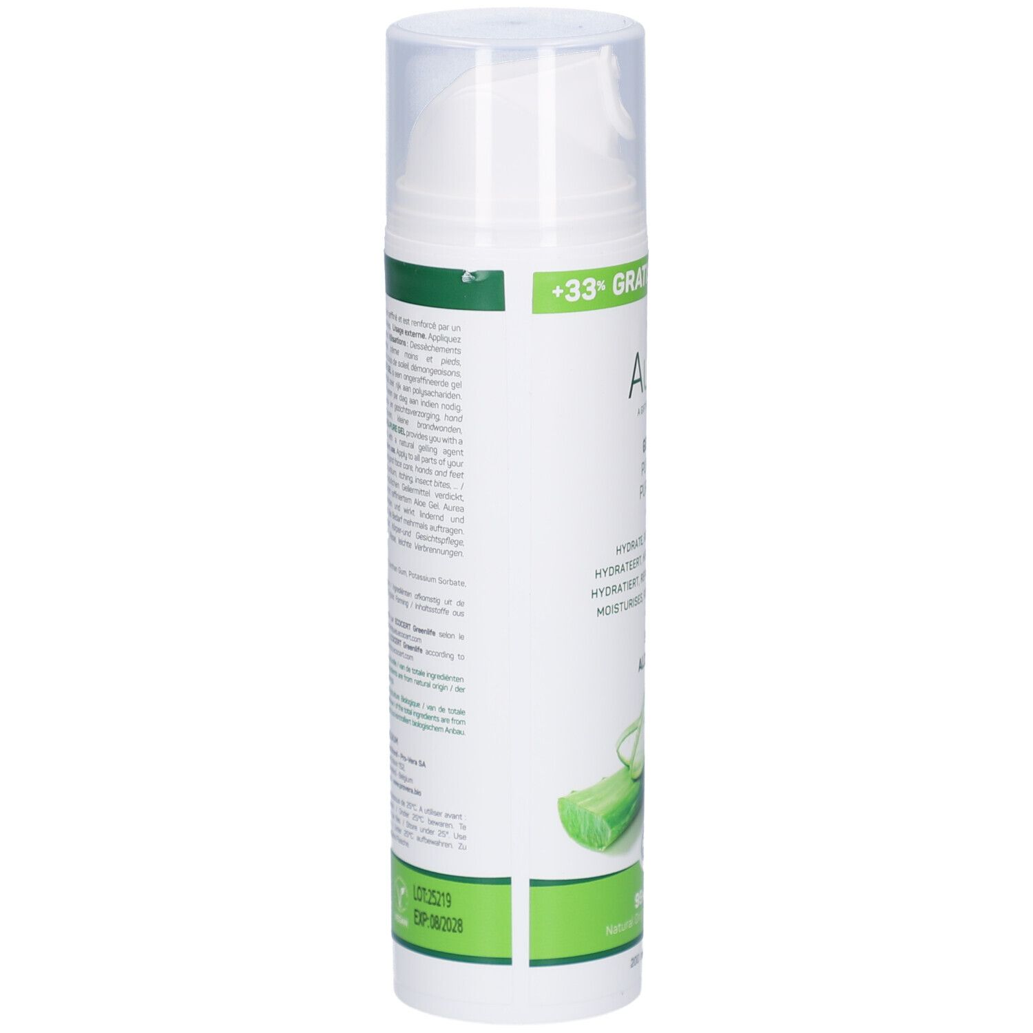 Flacon blanc Aurea Gel Pur Aloe Vera, vue latérale. Texte en allemand. Avec label bio.