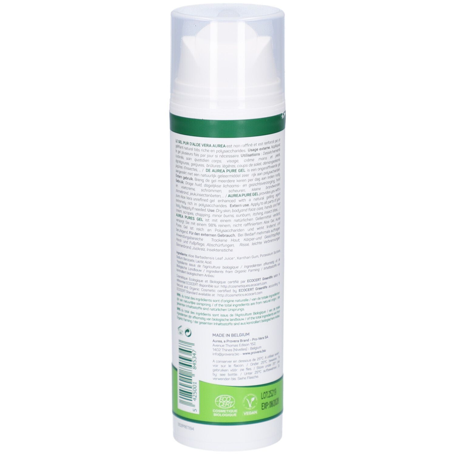 Dos du flacon blanc Aurea Gel Pur Aloe Vera. Texte multilingue. Avec label bio.