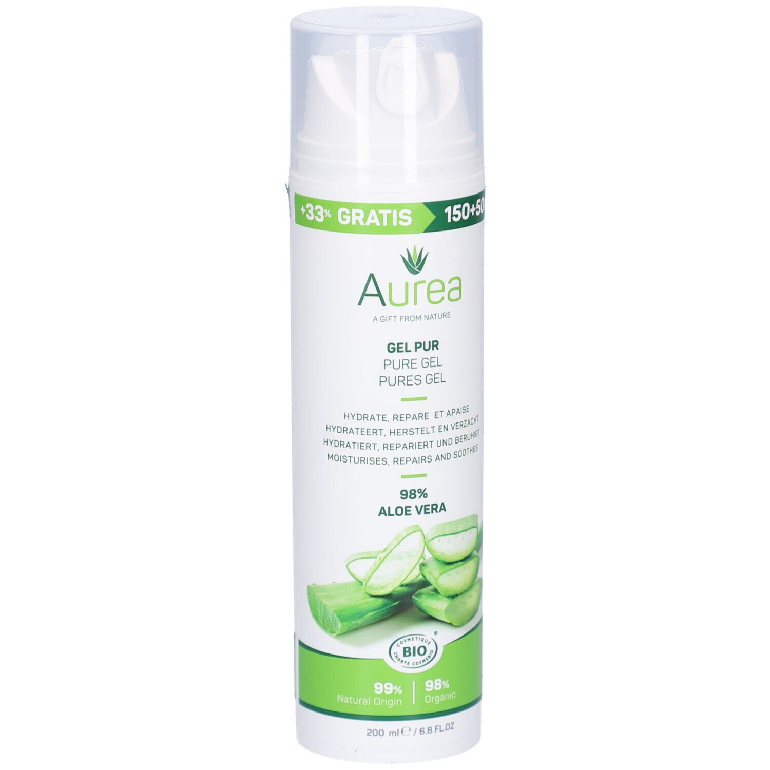 Flacon blanc Aurea Gel Pur Aloe Vera. Contient 98% Aloe Vera. Avec label bio. 200 ml.