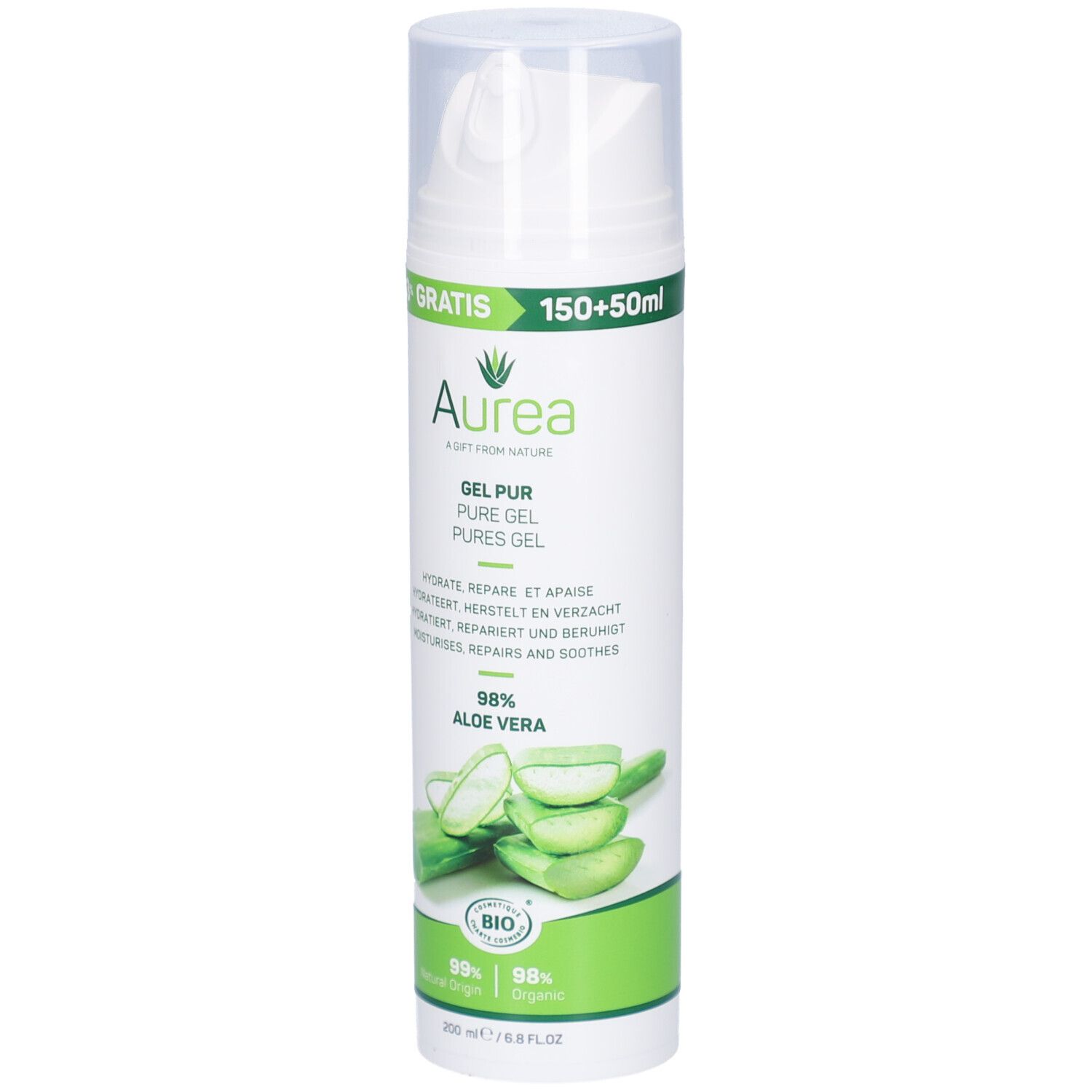 Flacon blanc Aurea Gel Pur Aloe Vera. Contient 98% Aloe Vera. Avec label bio. 200 ml.