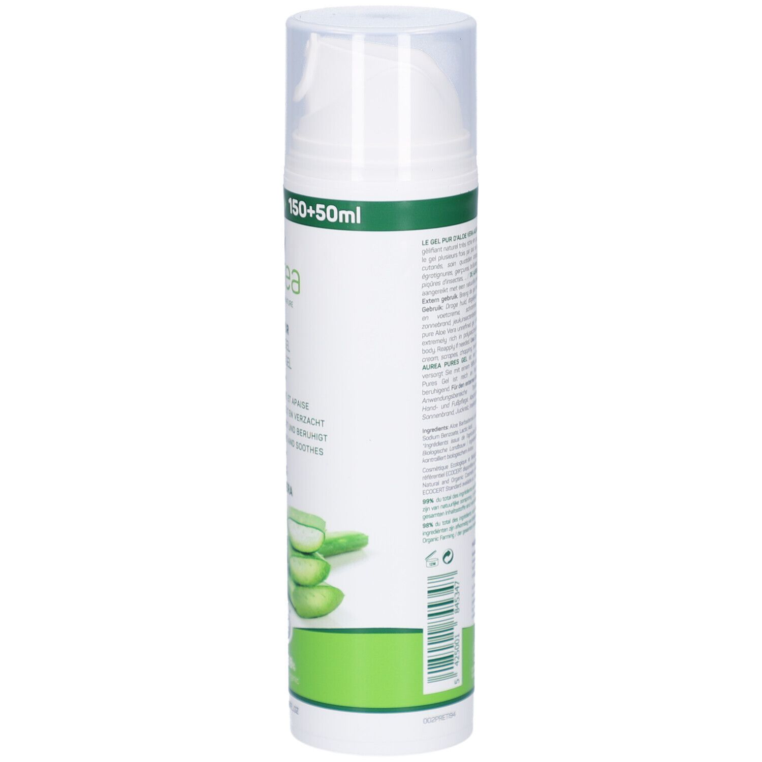 Flacon blanc Aurea Gel Pur Aloe Vera, vue latérale. Texte en allemand. Avec label bio.