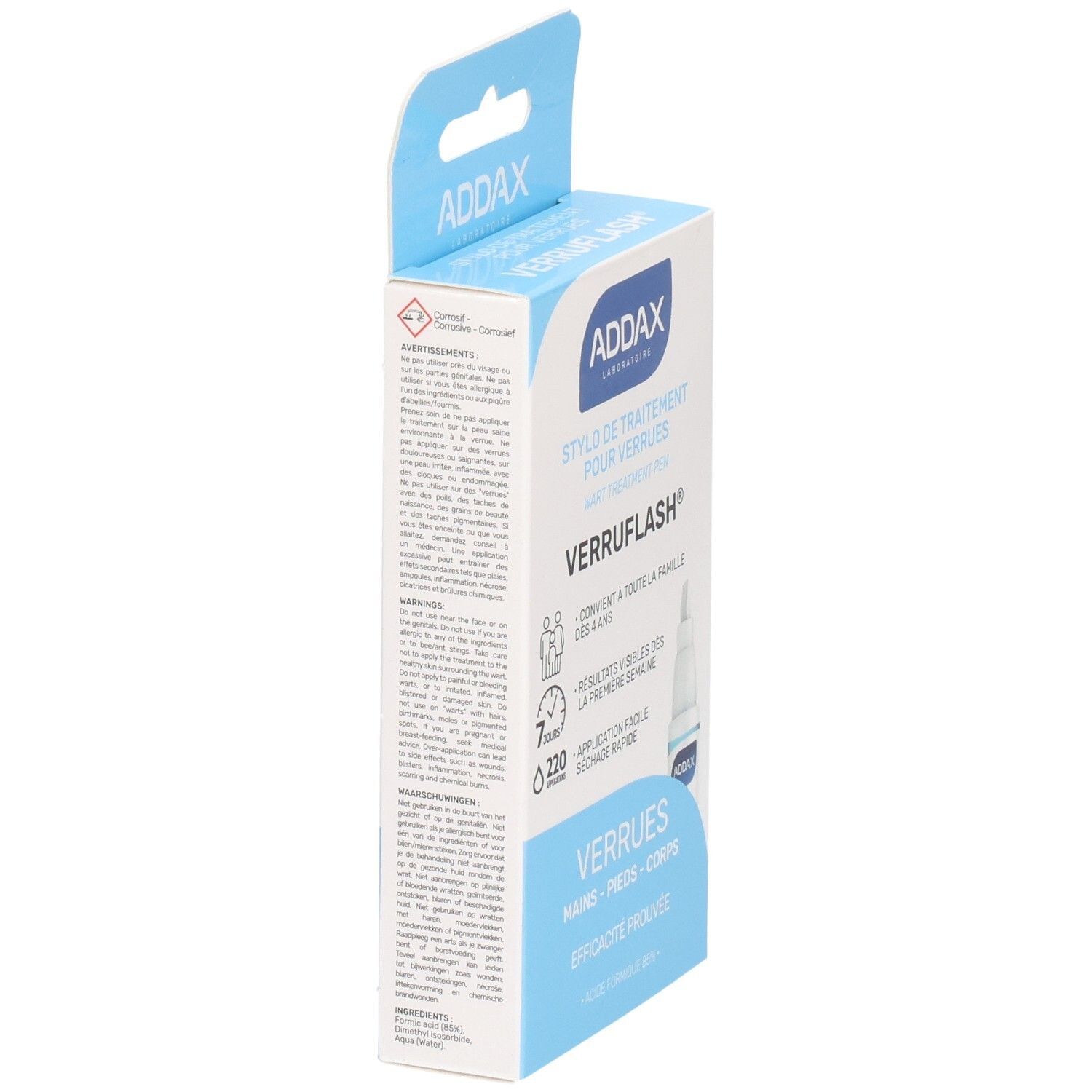 Vue latérale de la boîte ADDAX Verruflash. Texte et avertissements sur carton bleu et blanc.