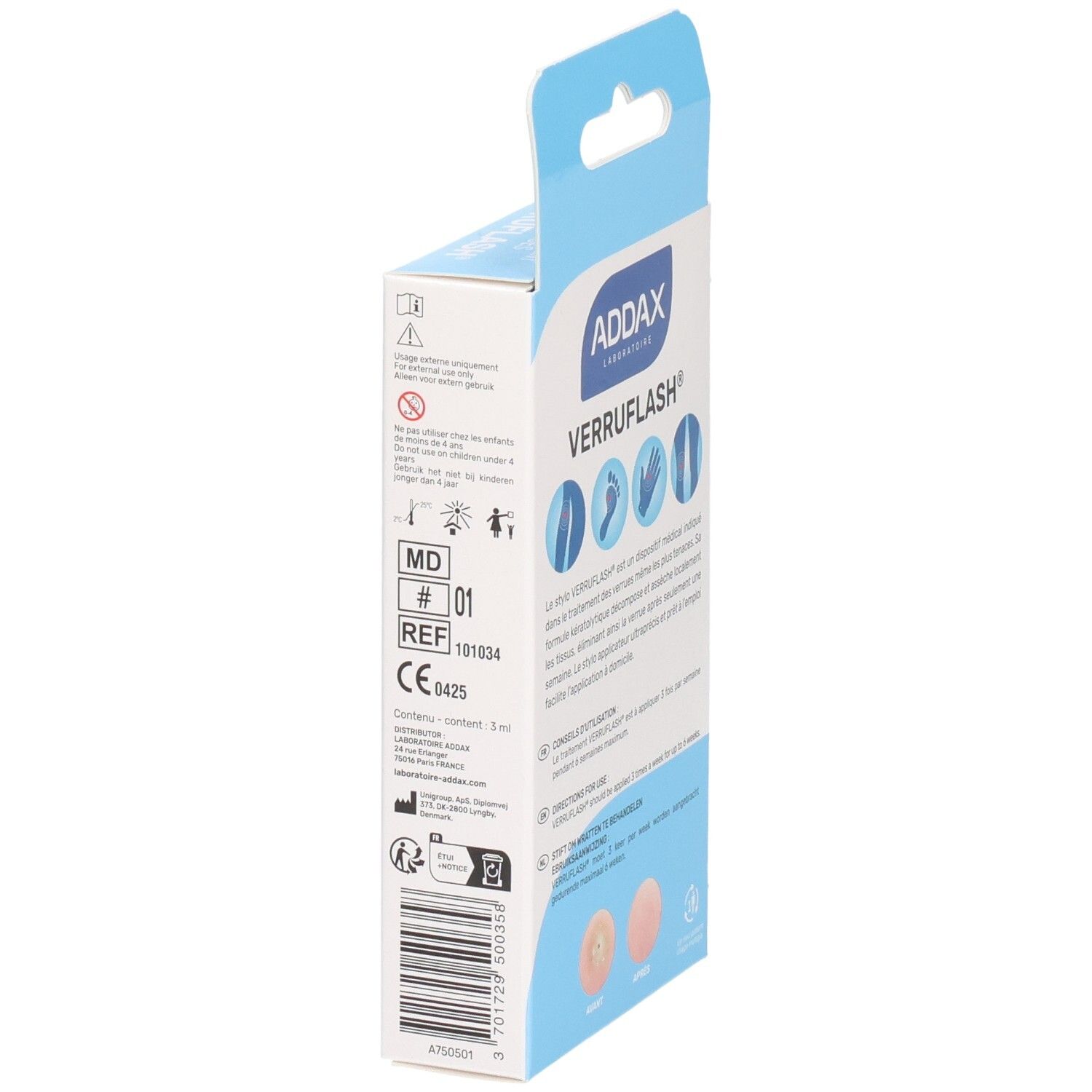 Vue latérale de la boîte ADDAX Verruflash. Informations produit et marquage CE.