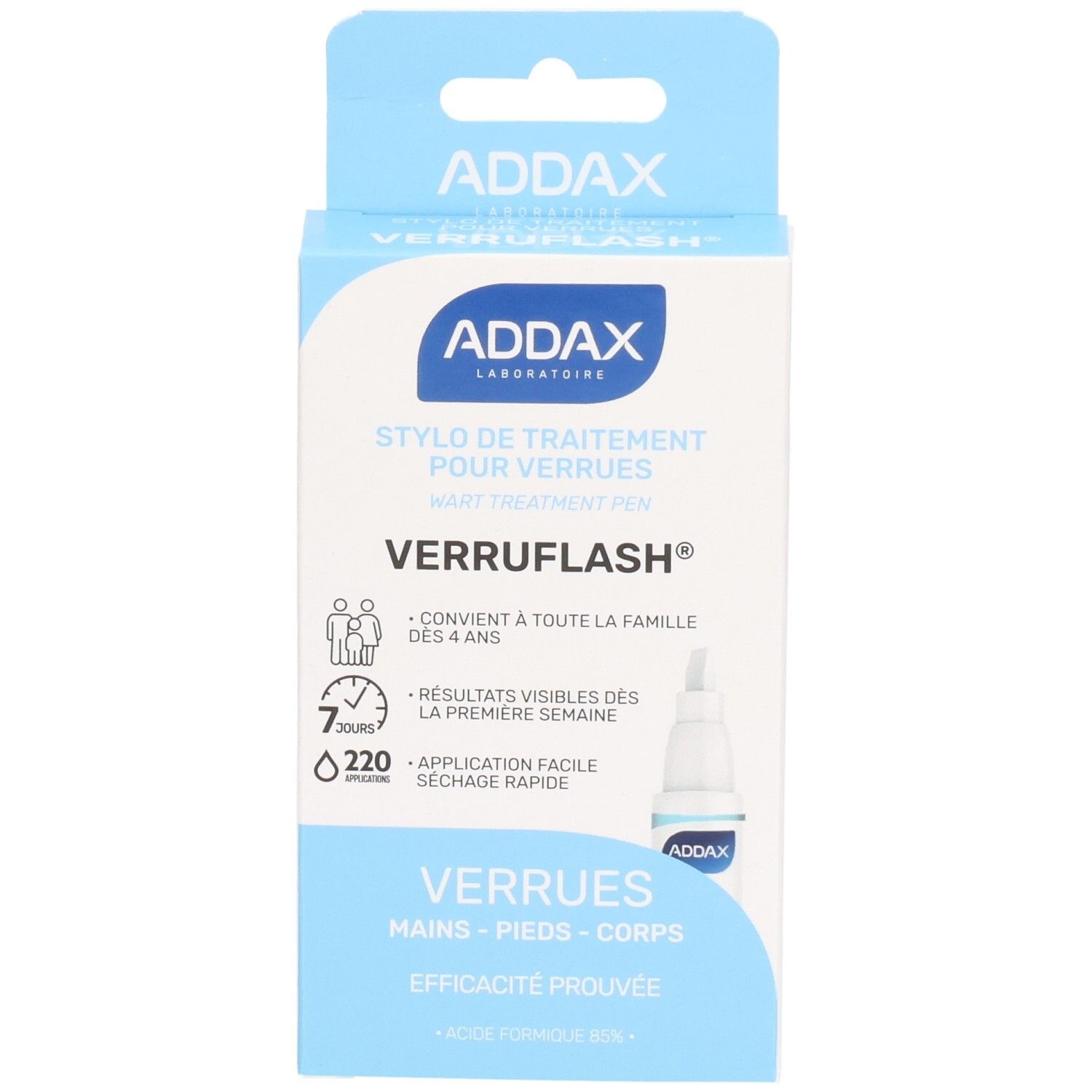 Boîte ADDAX Verruflash. Vue de face avec nom du produit et image de l'applicateur.