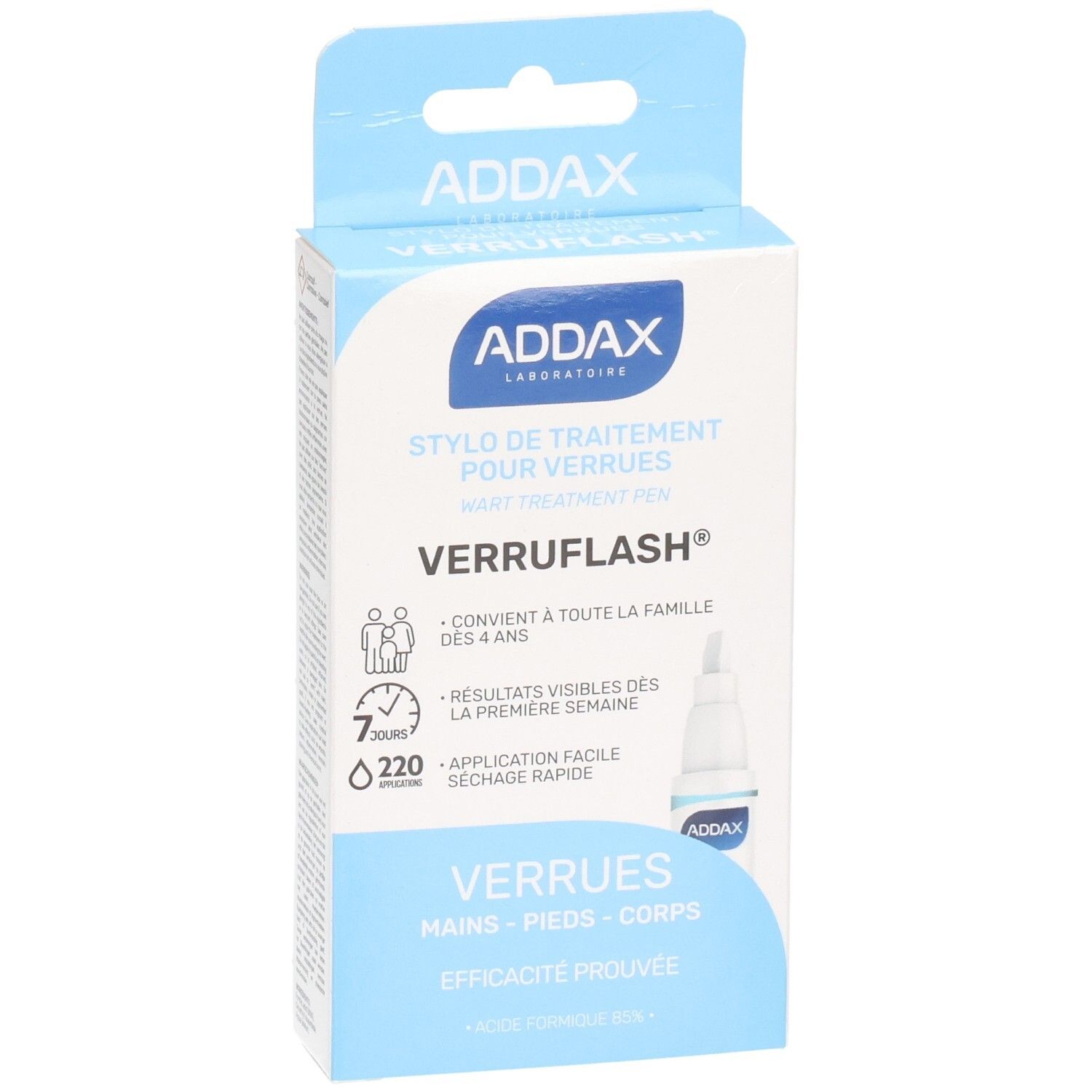 Boîte ADDAX Verruflash. Vue de face avec nom du produit et image de l'applicateur.