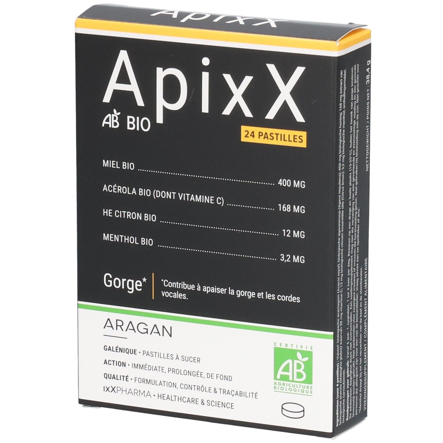 Boîte de pastilles ApixX. Fond noir avec accents blancs et jaunes. Texte: 24 pastilles, AB BIO, ingrédients, GORGE.