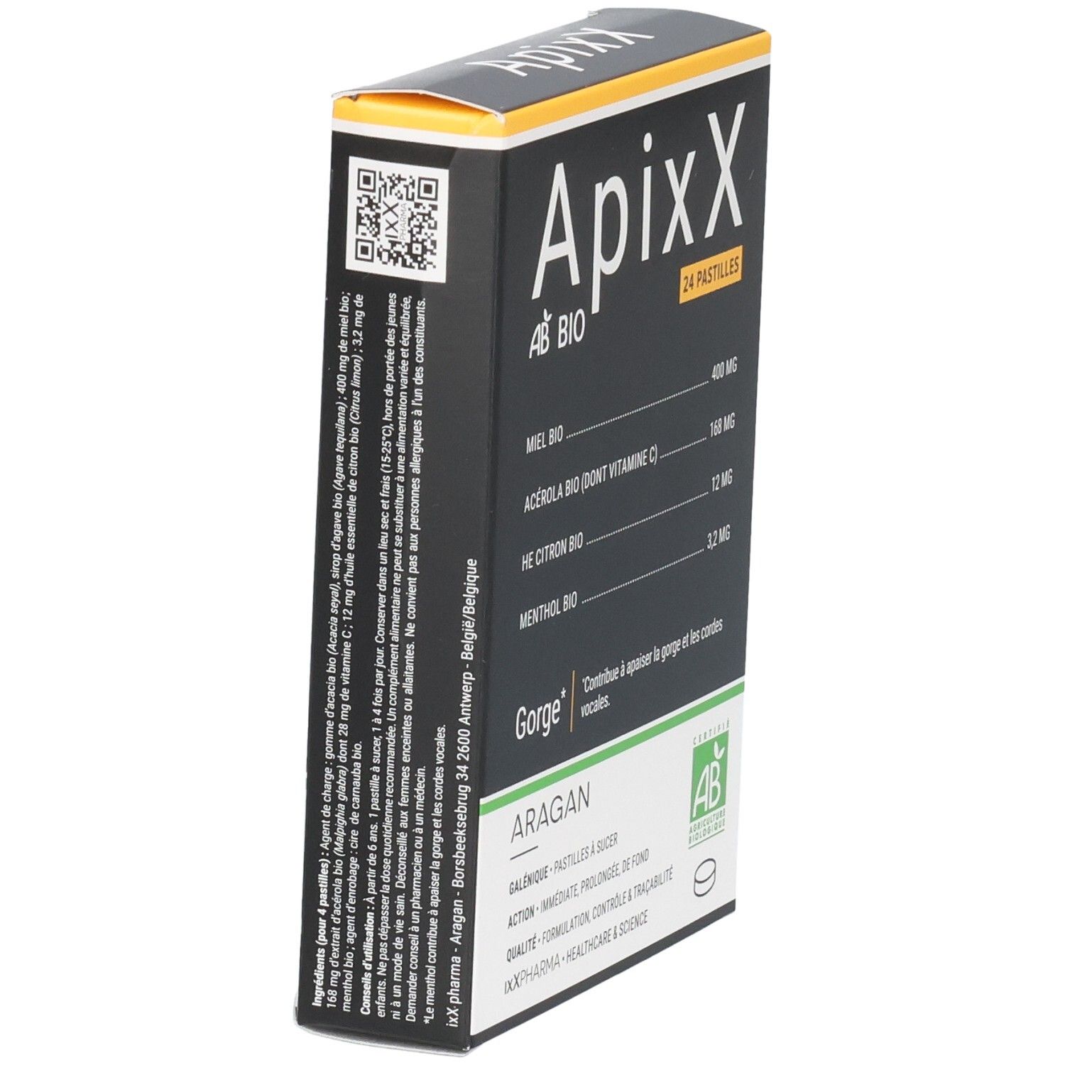 Boîte ApixX en biais. Fond noir avec accents blancs et jaunes. Texte: 24 pastilles, AB BIO, ingrédients, GORGE.