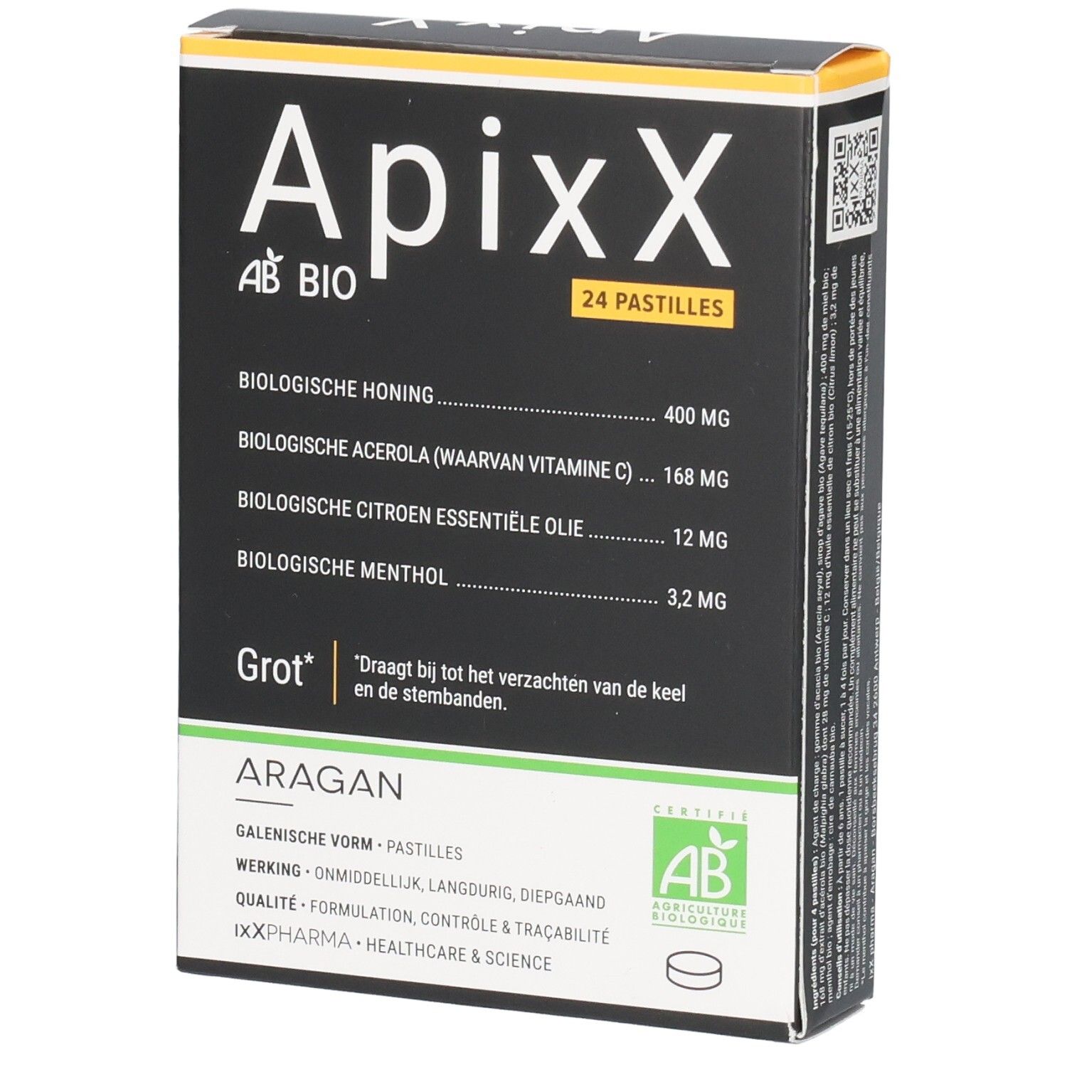 Boîte de pastilles ApixX. Fond noir avec accents blancs et jaunes. Texte: 24 pastilles, AB BIO, ingrédients, Grot.