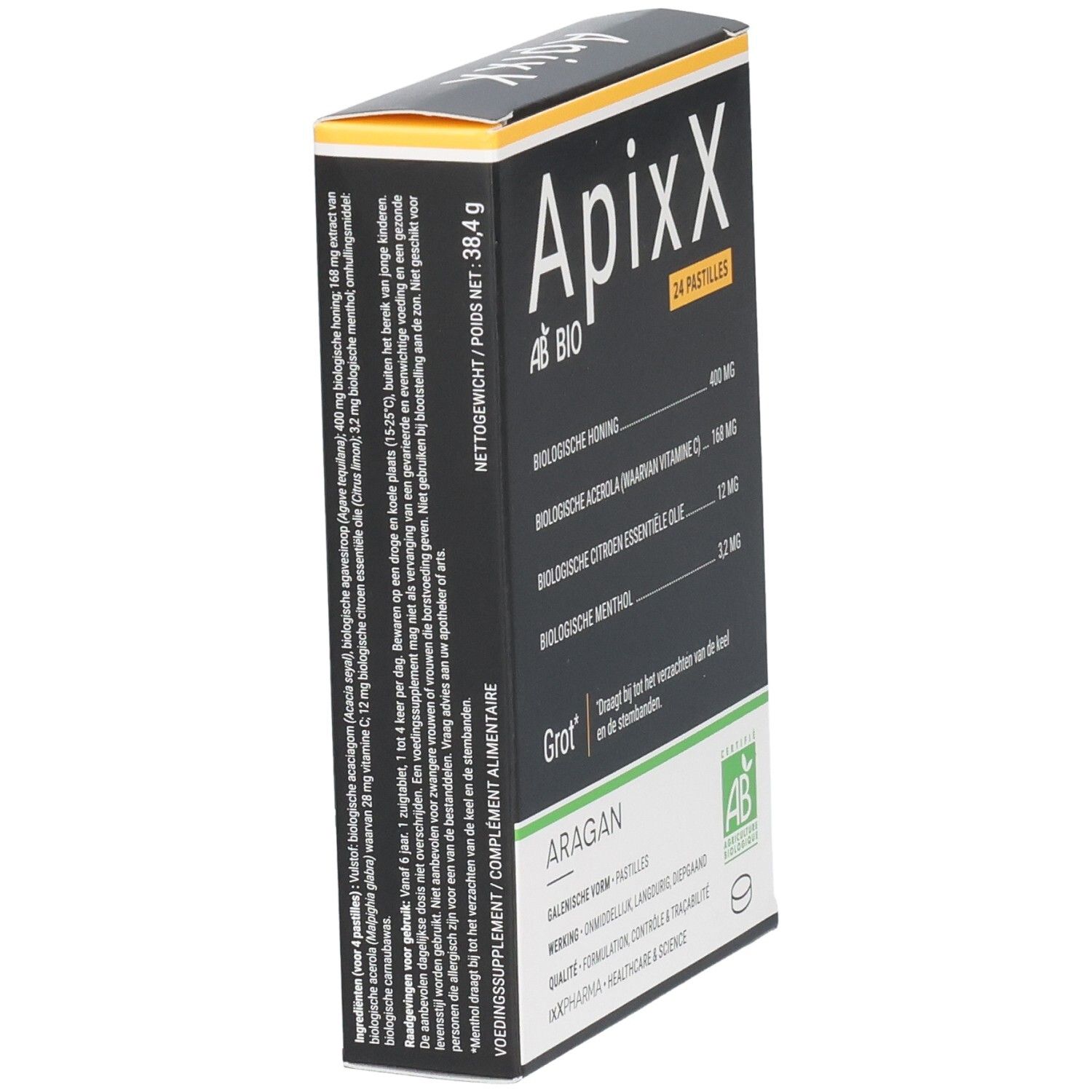 Boîte ApixX en biais. Fond noir avec accents blancs et jaunes. Texte: 24 pastilles, AB BIO, ingrédients, Grot.