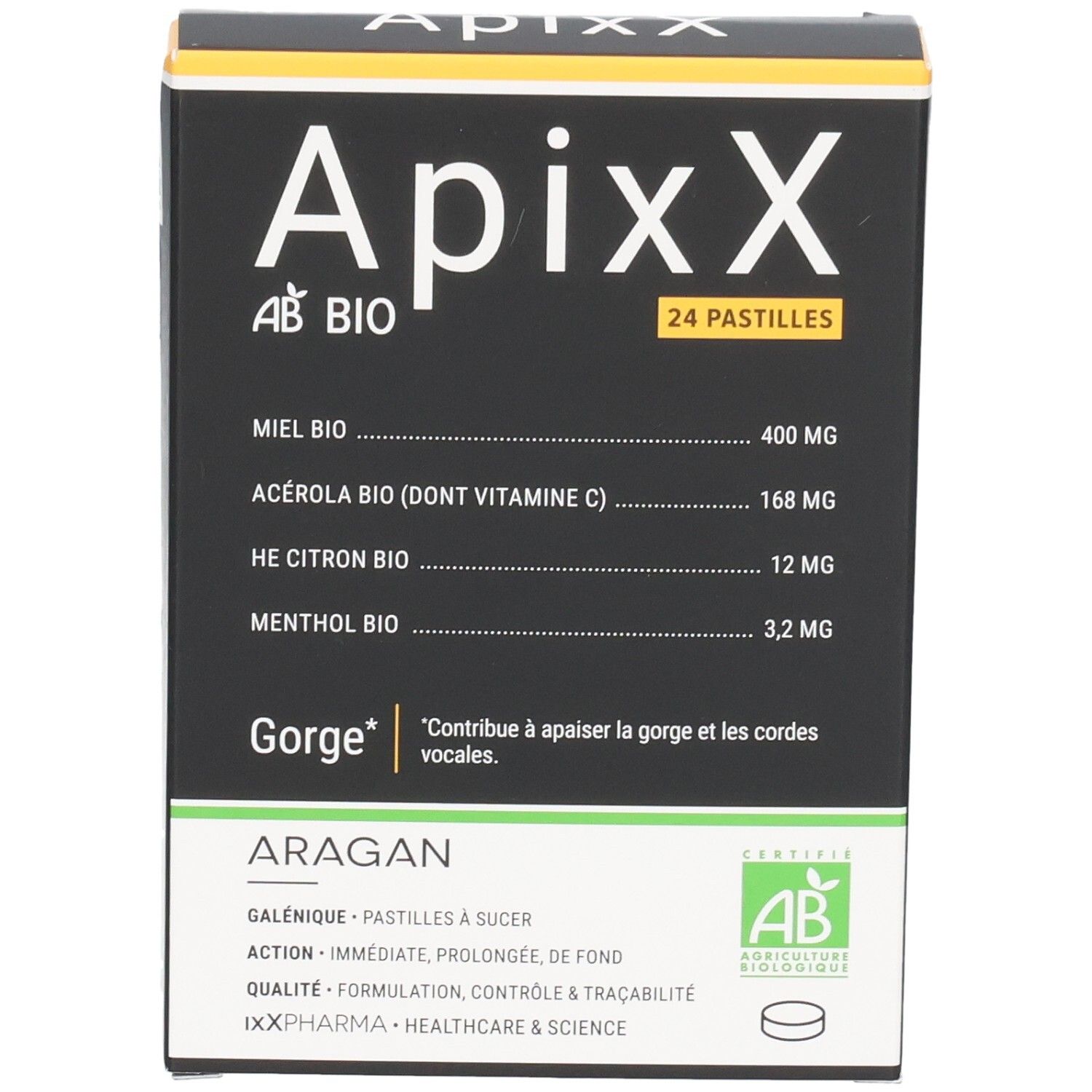 Boîte de pastilles ApixX. Fond noir avec accents blancs et jaunes. Texte: 24 pastilles, AB BIO, ingrédients, GORGE.