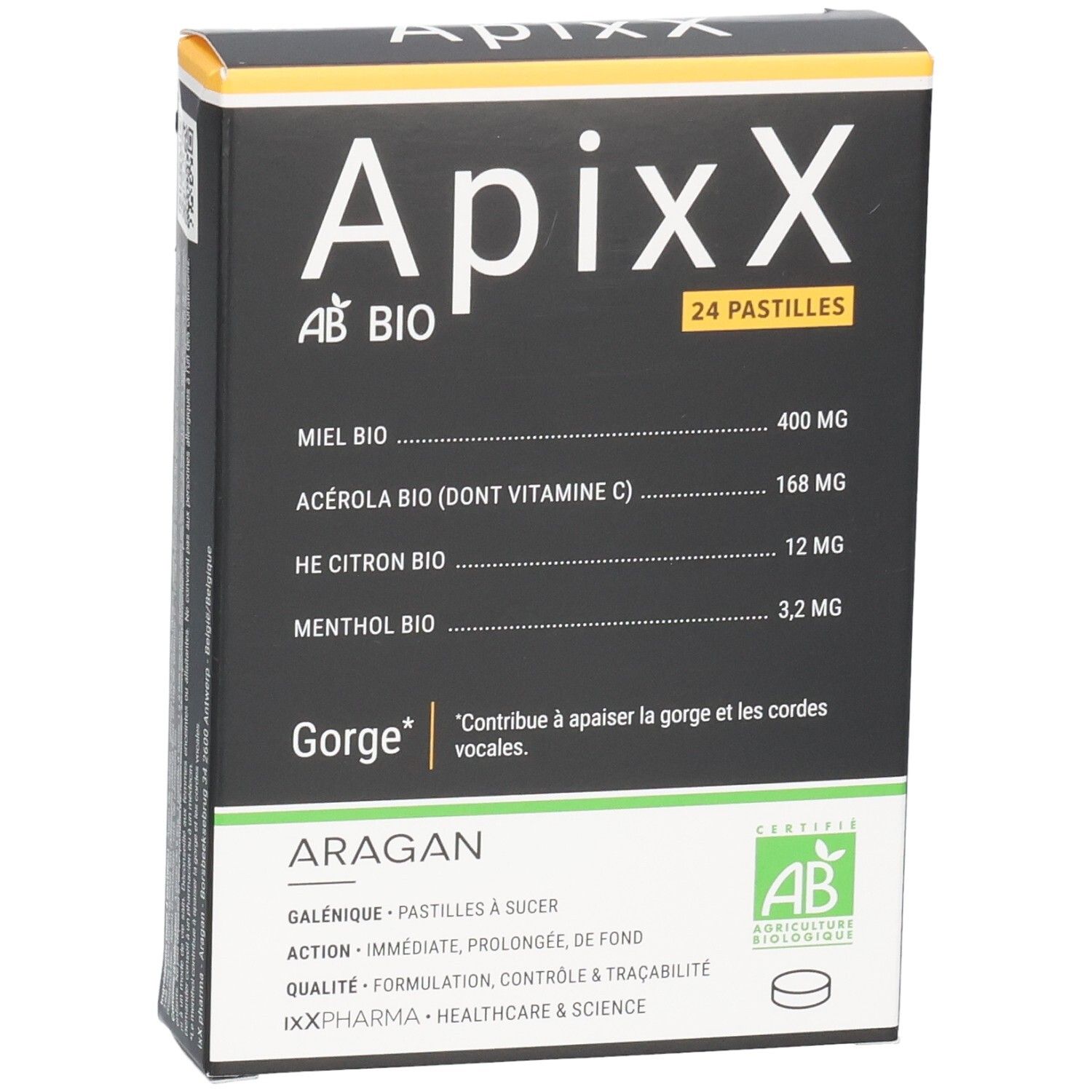 Boîte de pastilles ApixX. Fond noir avec accents blancs et jaunes. Texte: 24 pastilles, AB BIO, ingrédients, GORGE.