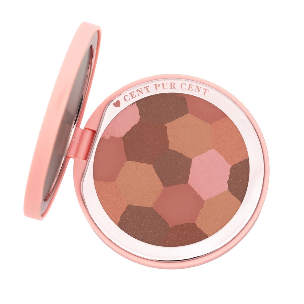 Boîtier rond rose, ouvert. Poudre multicolore en segments hexagonaux. Miroir.