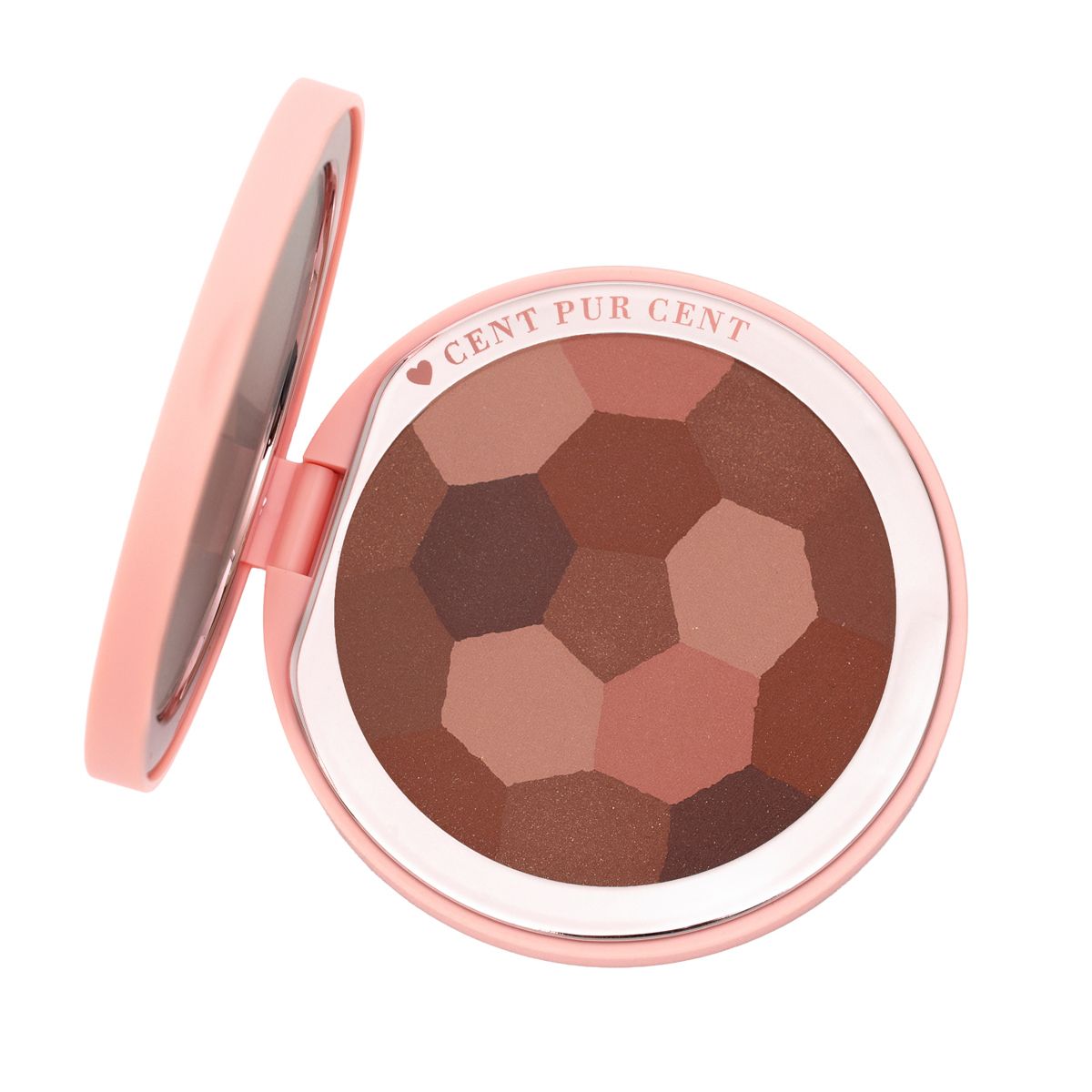 Boîtier cosmétique rond ouvert avec miroir. Poudre multicolore. Couvercle rose.