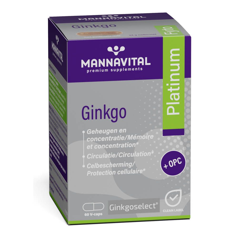 Emballage du produit, boîte. Inscription: Mannavital Ginkgo Platinum. Contient des gélules.