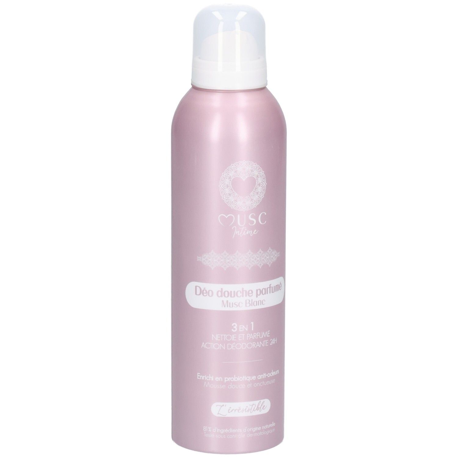 Flacon rose de déodorant douche avec pompe blanche. Inscription: Musc, Déodorant Douche parfumé, 3en1. Nom du produit: Musc Blanc.