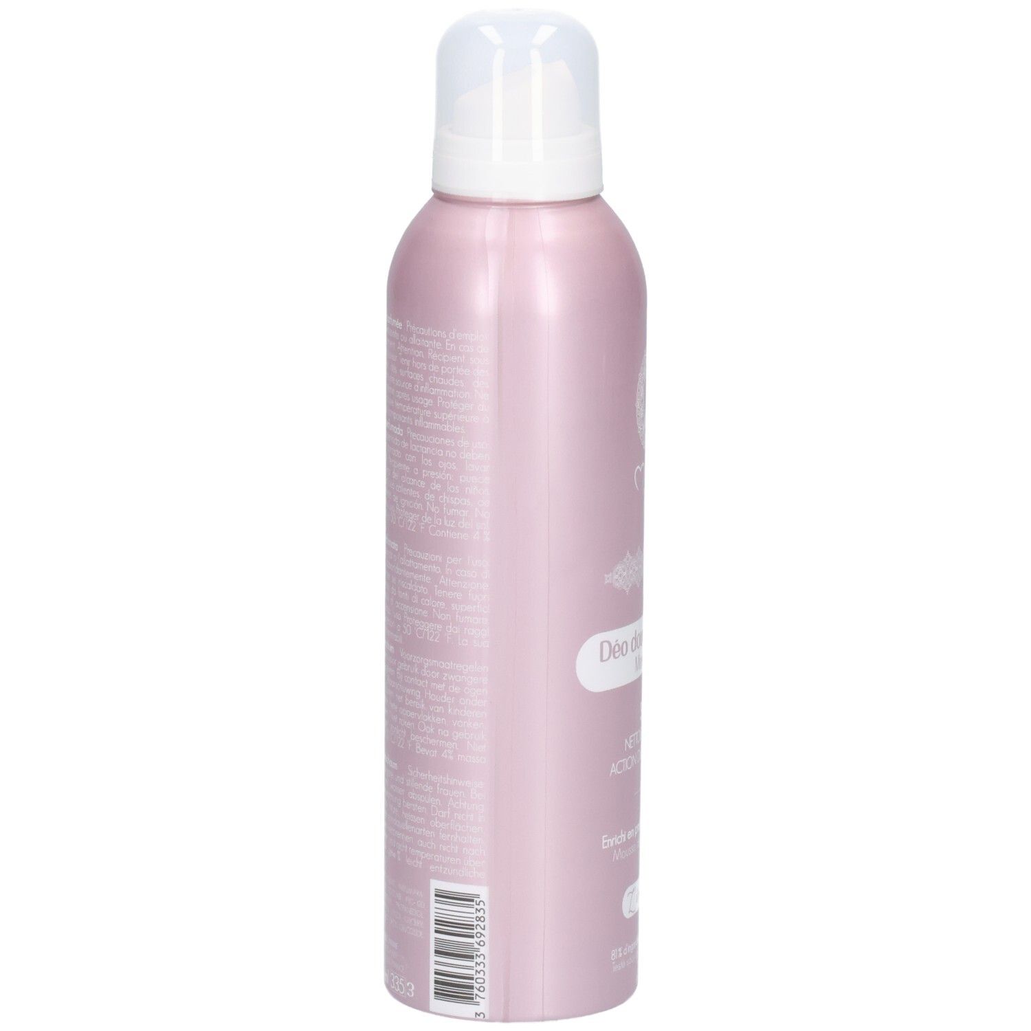 Flacon de déodorant douche rose, vue latérale. Pompe blanche. Texte sur le flacon.